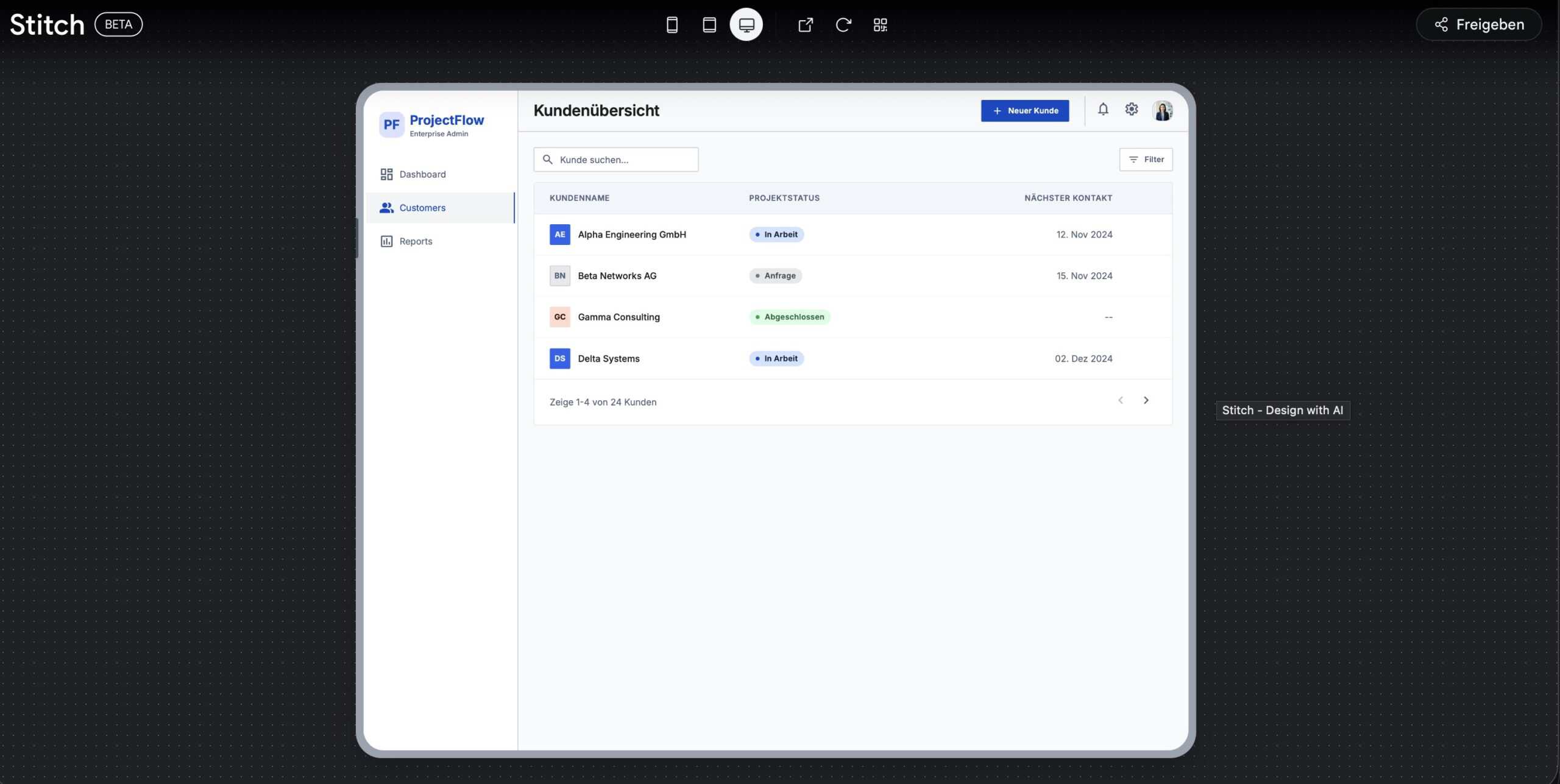 Ein Dashboard mit dem Titel „Kundenübersicht” zeigt in einer Webanwendung eine Liste von Kunden mit Namen, Projektstatus und Datumsangaben an. Die linke Seitenleiste enthält Navigationsoptionen für „Dashboard”, „Kunden” und „Berichte”.