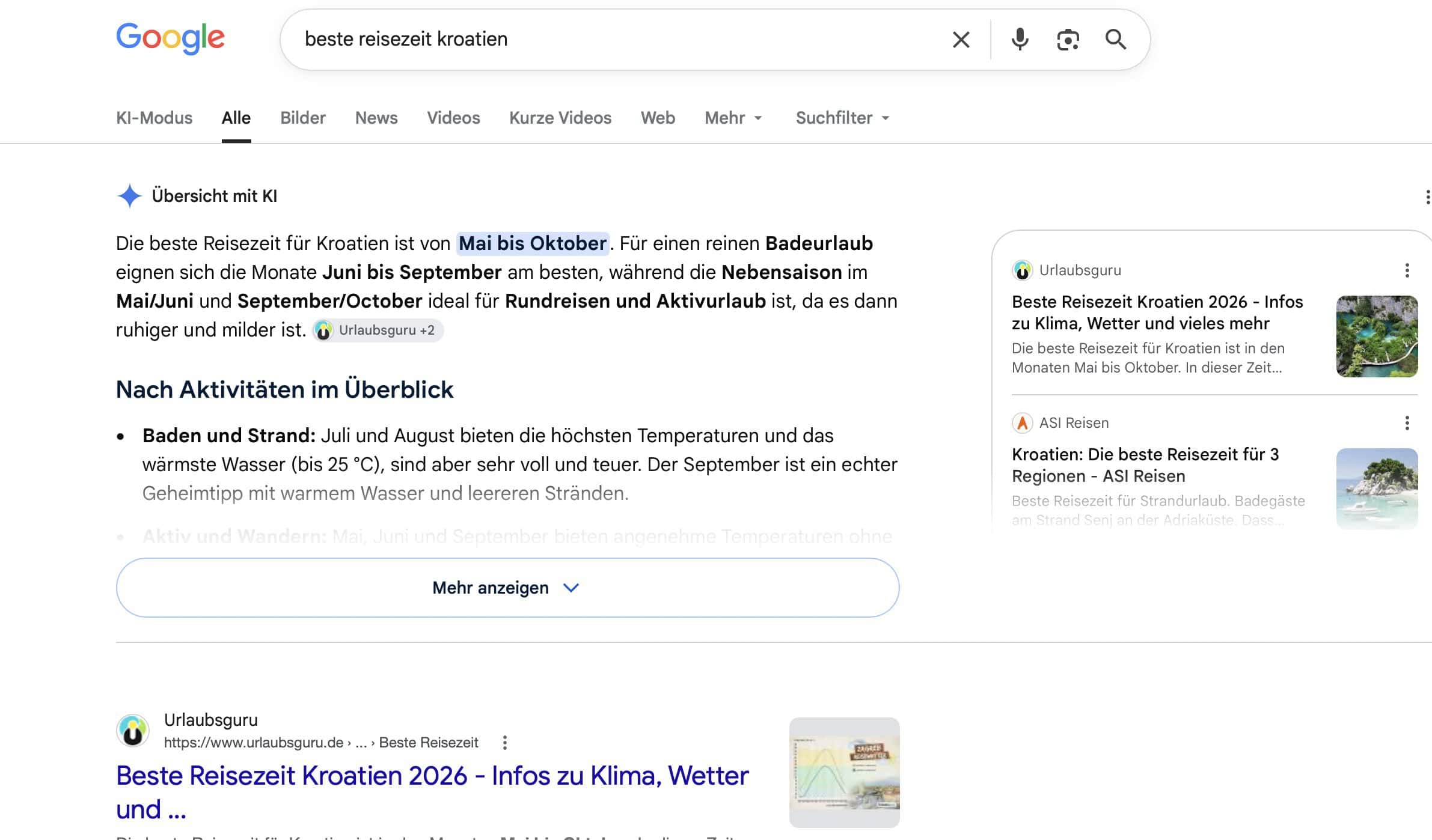 Google-Suchergebnisse zu derselben Anfrage mit aktiver KI-Übersicht oben auf der Seite, Reiter "Alle" ist ausgewählt.