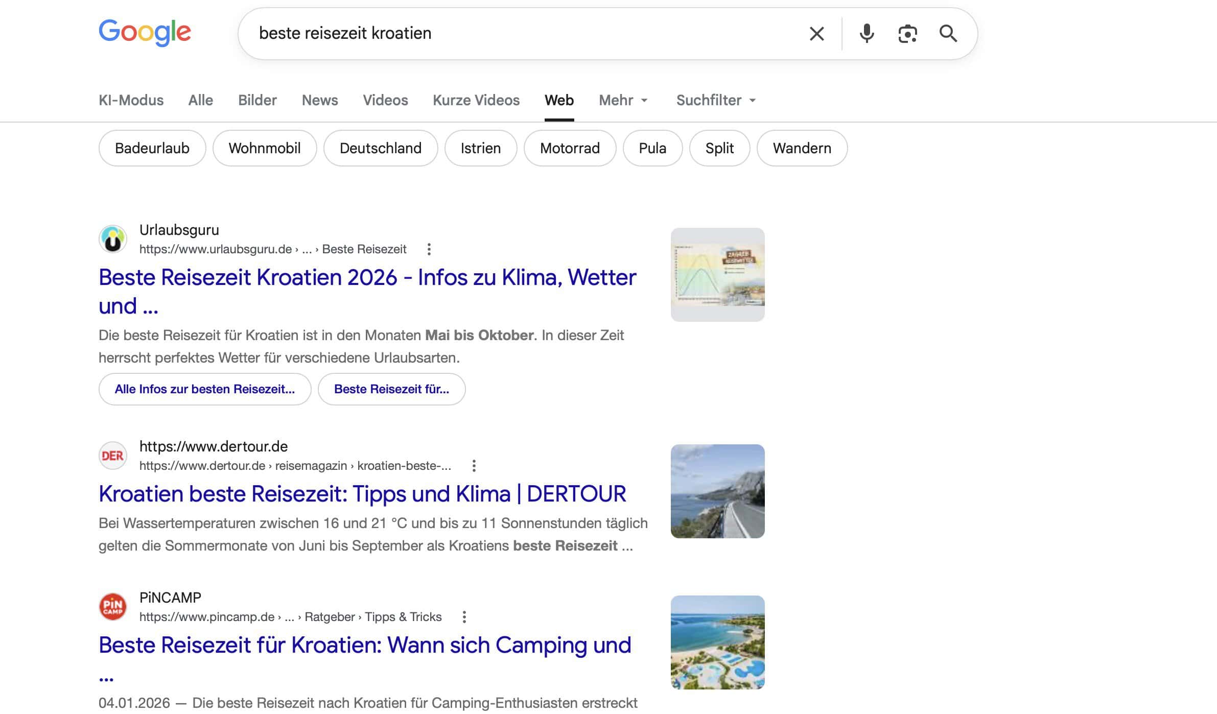 Dieselbe Google-Suchanfrage nach dem Klick auf den Reiter "Web": klassische Linkliste ohne KI-Übersicht.