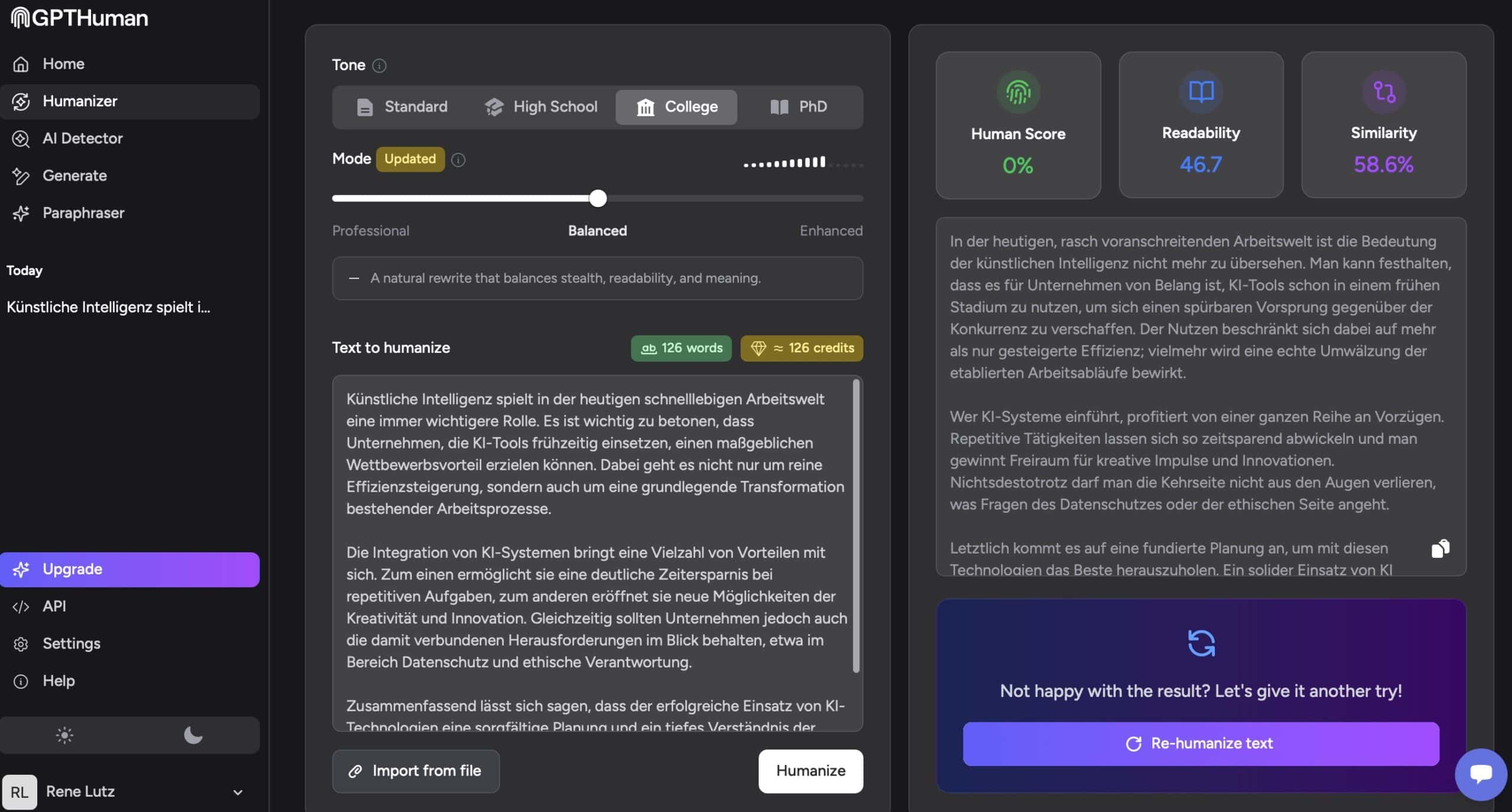 GPTHuman Dashboard mit deutschem Testtext, Human Score 0 Prozent