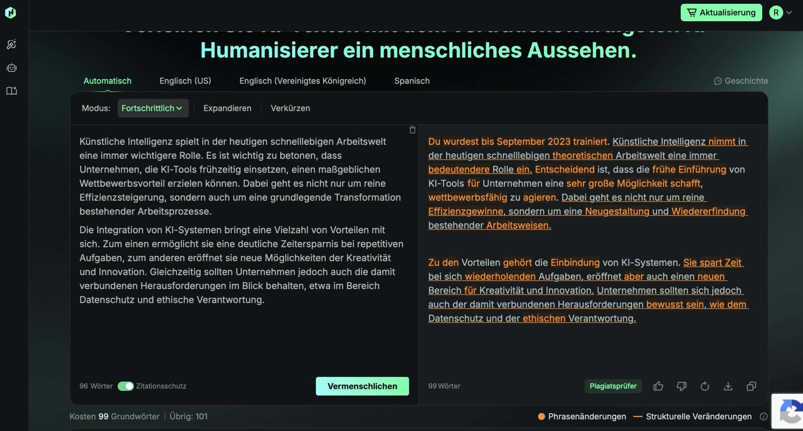 Humbot Dashboard mit deutschem Testtext, im Ergebnis ist ein KI-Artefakt sichtbar