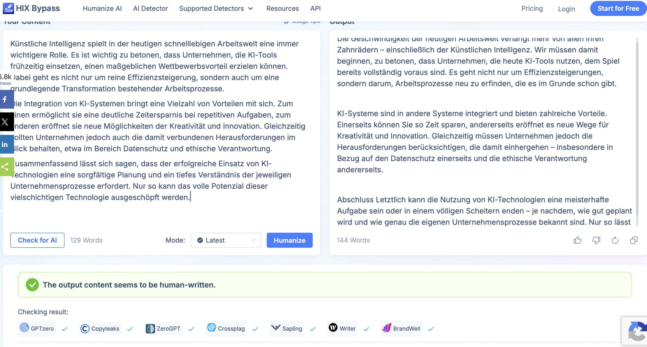 HIX Bypass Dashboard mit deutschem Testtext, alle sieben Detektoren bestanden