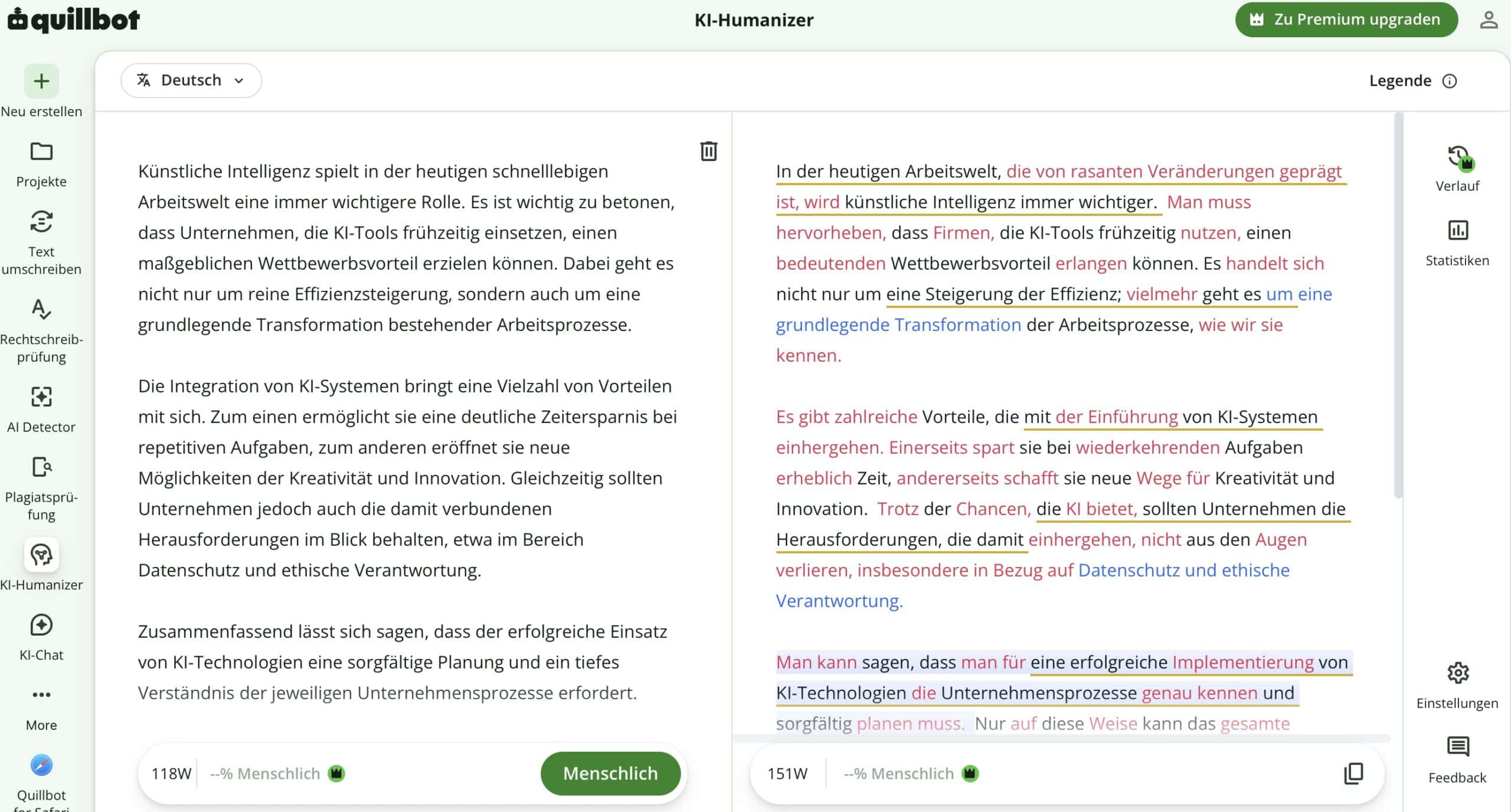 QuillBot Humanizer Textfeld mit deutschem Vorher-Nachher-Vergleich