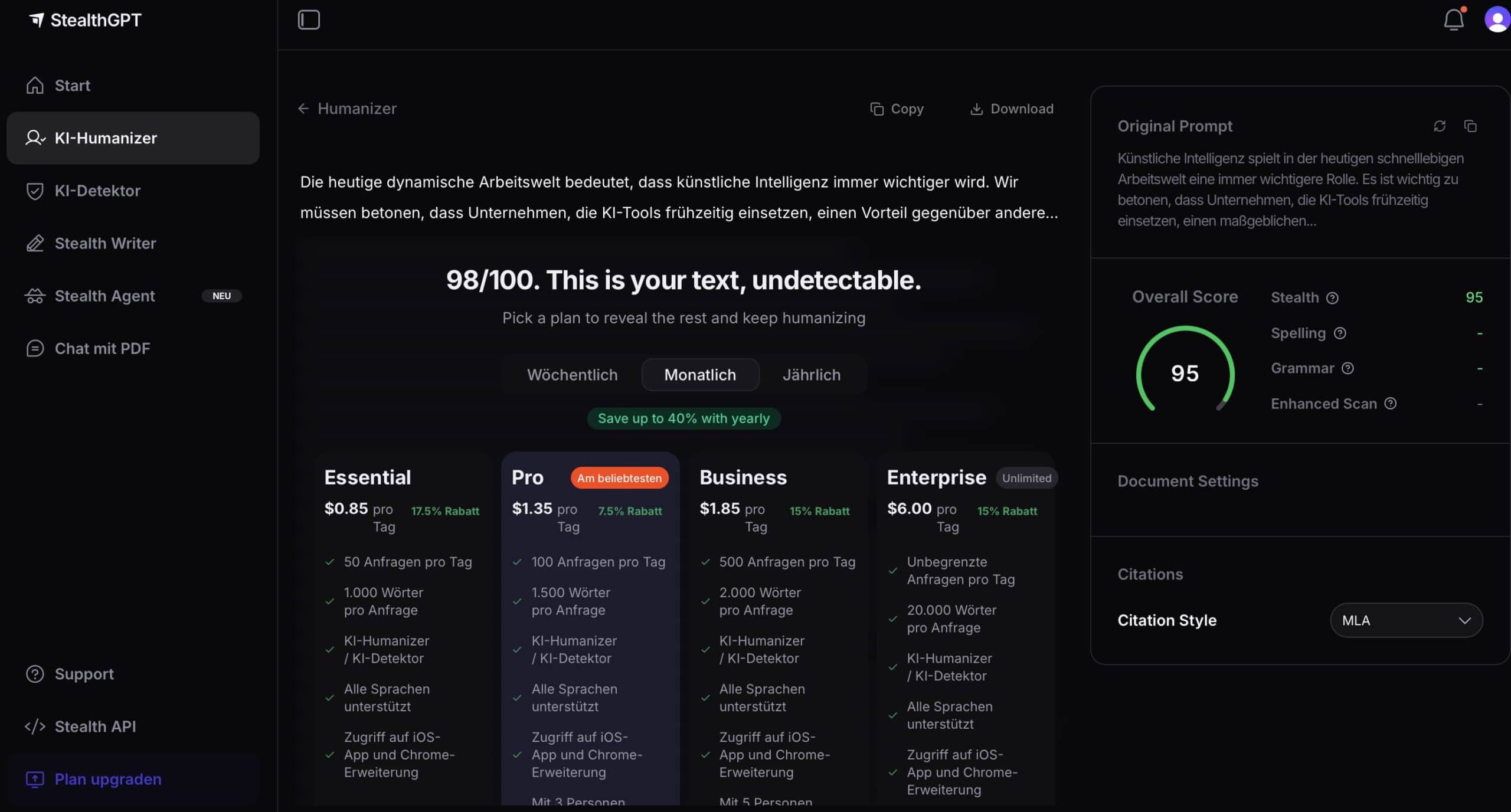 StealthGPT Dashboard mit deutschem Testtext, Stealth Score 95