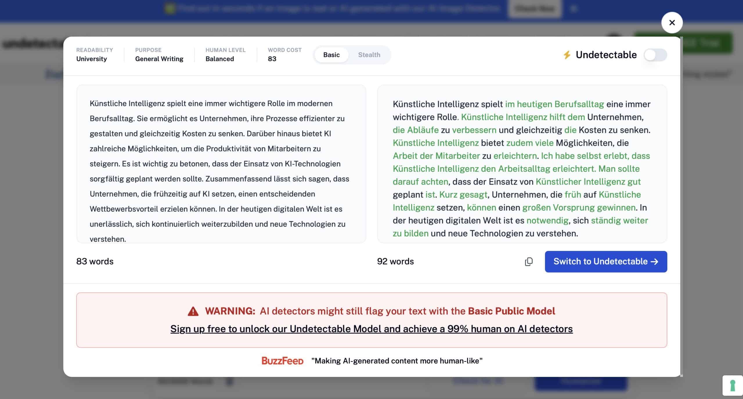 Undetectable.ai Dashboard mit Vorher-Nachher-Textvergleich