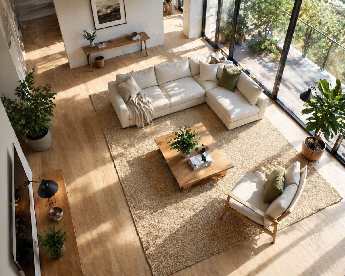 ChatGPT Bild erstellen: modernes Wohnzimmer in skandinavischem Stil, Vogelperspektive