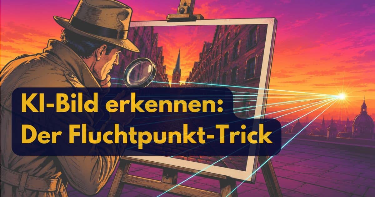 Ein Detektiv im Trenchcoat betrachtet ein Gemälde, das ein Stadtbild bei Sonnenuntergang zeigt, und verfolgt die perspektivischen Linien bis zum Fluchtpunkt. Der eingeblendete Text auf Deutsch lautet: KI-Bilder erkennen: Der Fluchtpunkt-Trick.