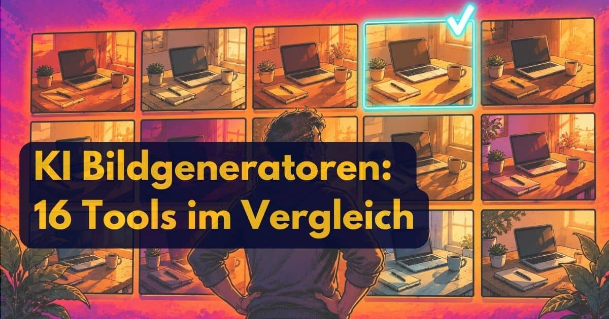 Eine Person steht vor einer Wand, an der verschiedene Bilder von Computertischen zu sehen sind, die von KI-Bildgeneratoren erstellt wurden. Ein Bild ist mit einem blauen Häkchen markiert. Der Text lautet: KI-Bildgeneratoren: 16 Tools im Vergleich.