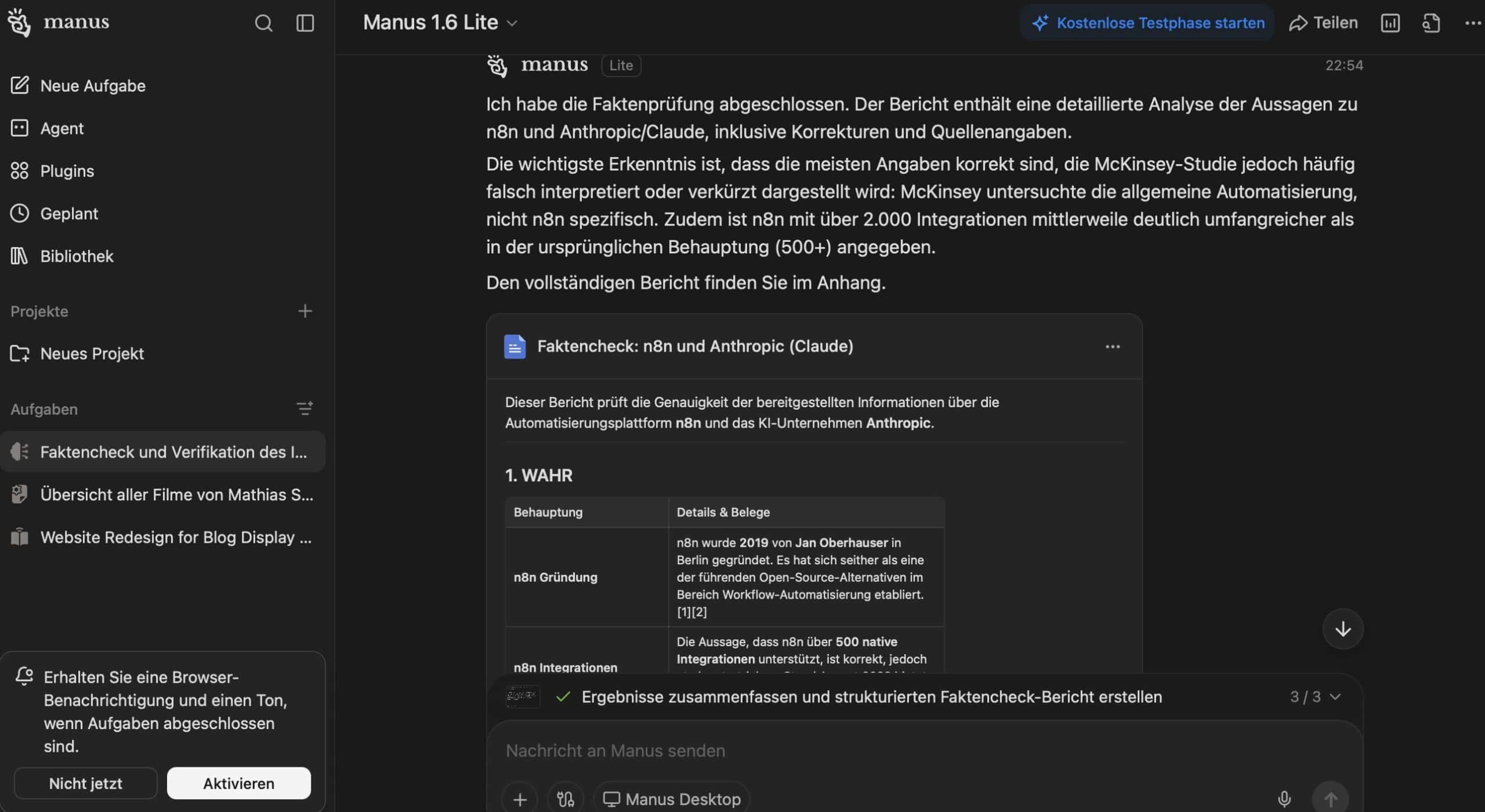 Manus Faktenprüfer mit Wahr/Falsch-Tabelle zur Prüfung von Aussagen über n8n und Anthropic/Claude