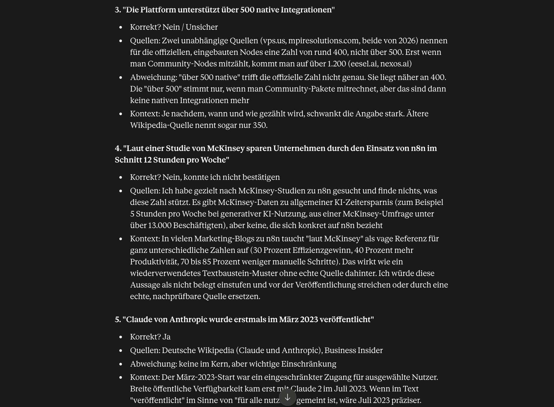 Beispiel-Ausgabe des Faktencheck-Mega-Prompts: strukturierte Prüfung von Behauptungen zu n8n und Claude mit Korrekt/Quelle/Kontext
