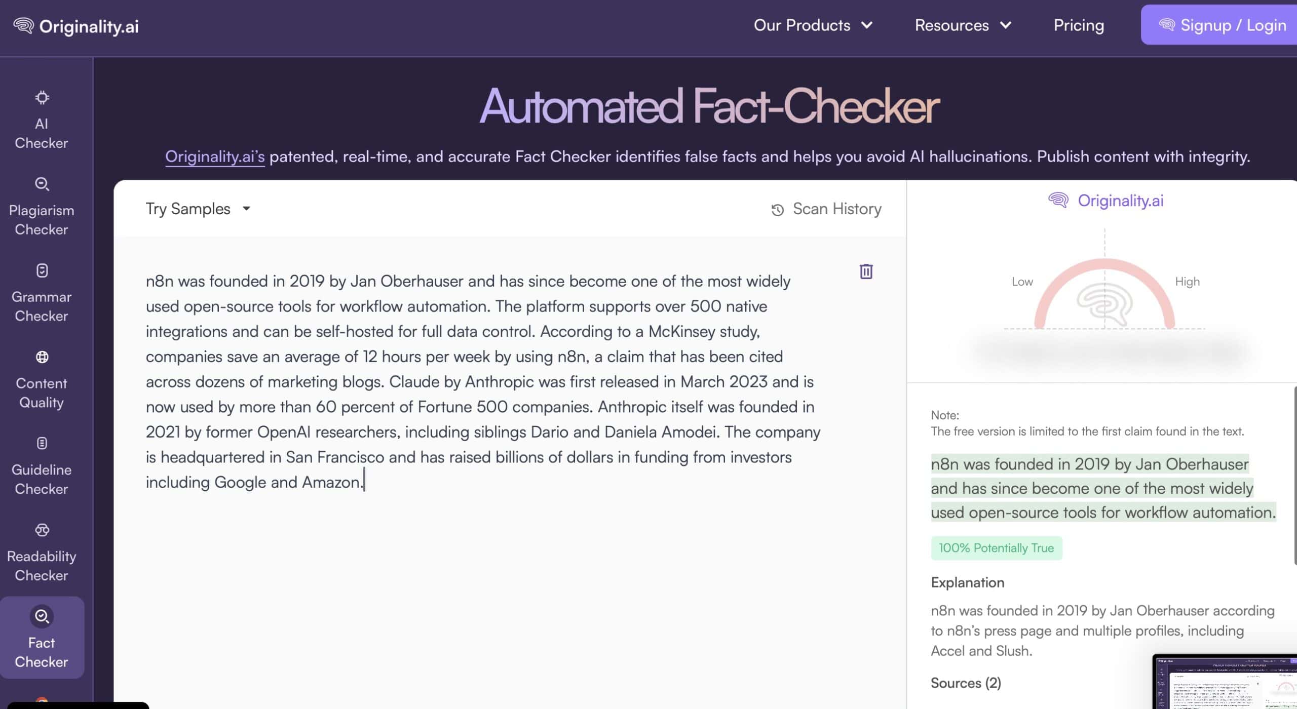 Originality.ai Fact-Checker analysiert einen Testtext zu n8n und Anthropic, Ergebnis 100 Prozent Potentially True mit Quellenangabe