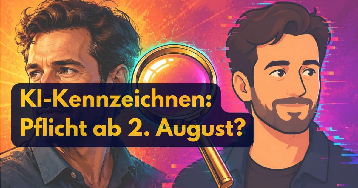 Neben einer Lupe sind ein realistischer Mann und eine illustrierte Figur abgebildet. Der deutsche Text lautet: KI-Kennzeichnung: Pflicht ab 2. August? Der farbenfrohe Hintergrund zeigt abstrakte digitale Effekte, die die bevorstehende KI-Kennzeichnungspflicht visuell hervorheben.