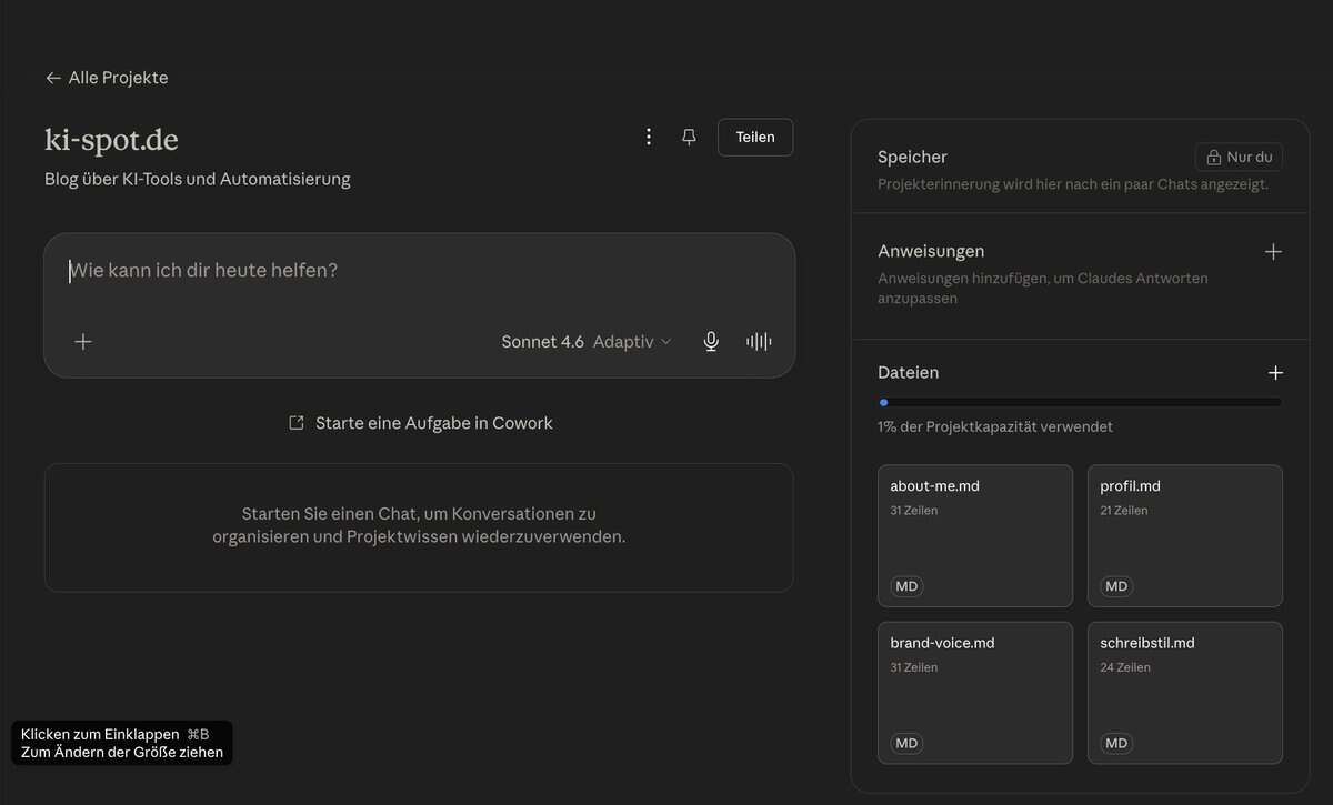 Claude
  Projects mit allen drei hochgeladenen Kontext-Dateien: about-me.md, brand-voice.md und anti-ai-writing-style.md in der Dateiliste