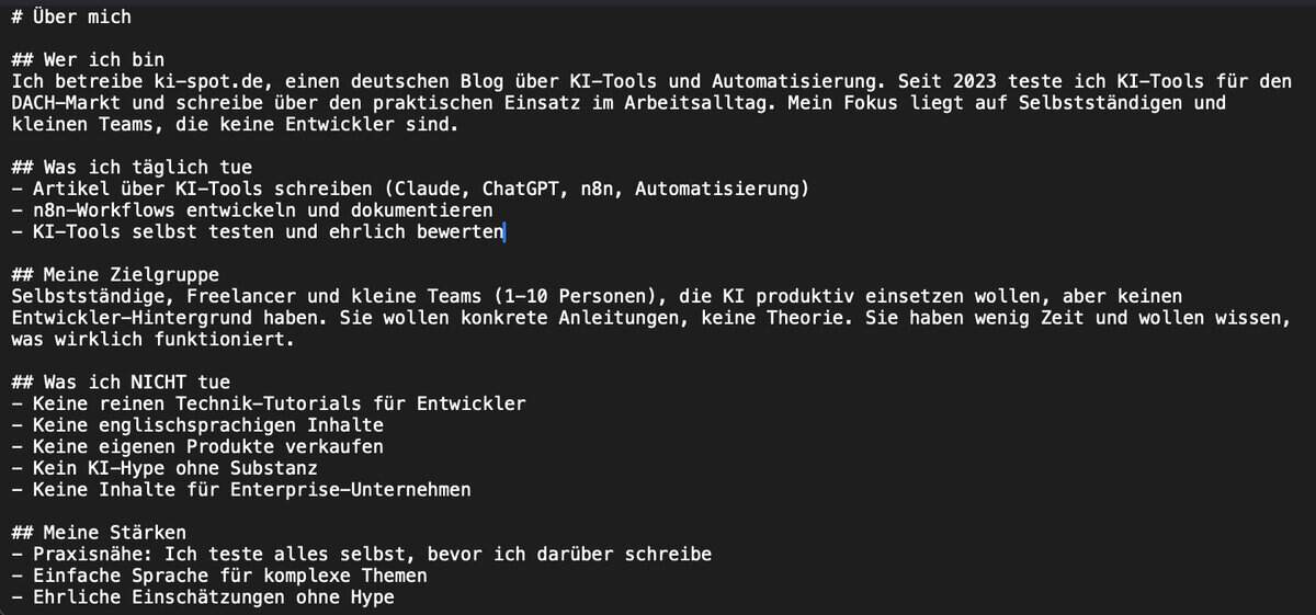 about-me.md in 
  einem Texteditor geöffnet, ausgefüllter Inhalt sichtbar