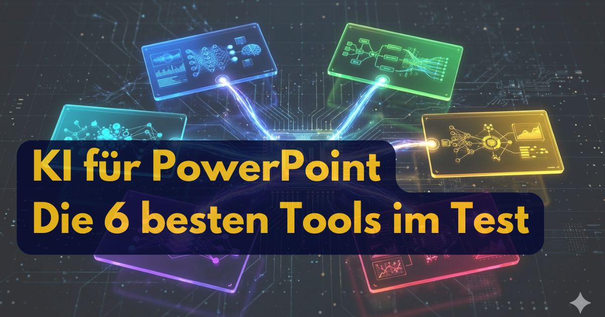 Eine digitale Illustration von sechs leuchtenden Bildschirmen, die durch Linien verbunden sind und Daten und Diagramme anzeigen. Der überlagerte Text auf Deutsch lautet: KI für PowerPoint - Die 6 besten PowerPoint Tools im Test.