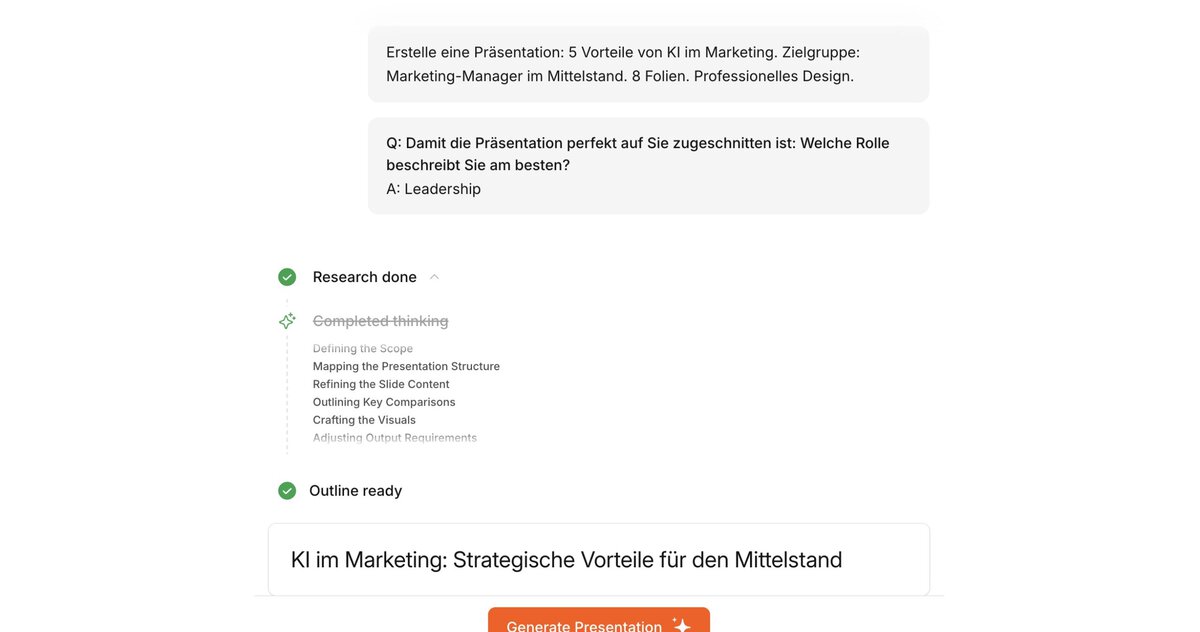 Gamma Eingabemaske mit Thema-Prompt und generierter Gliederungsvorschau