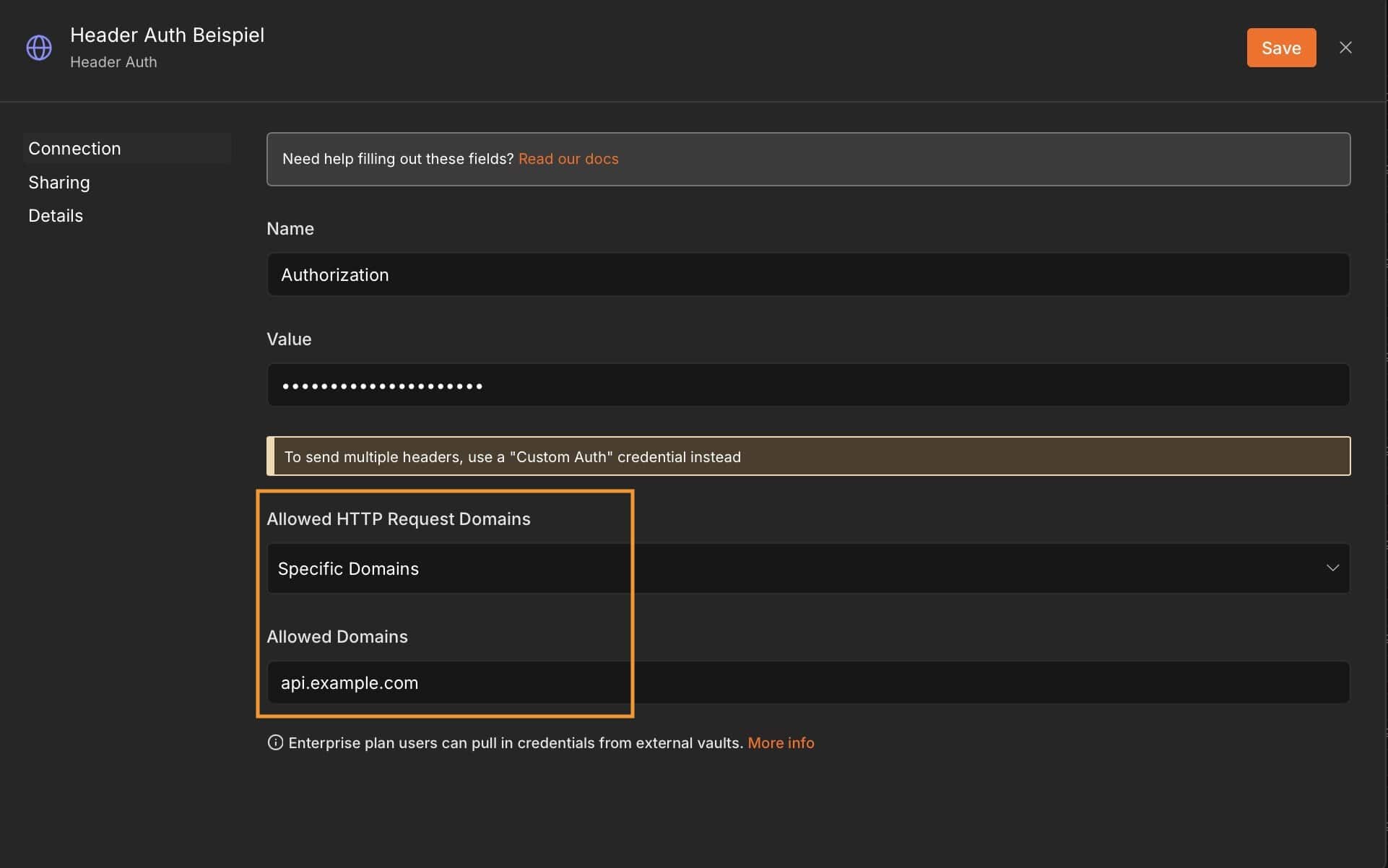n8n Header-Auth-Credential mit Allowed HTTP Request Domains auf Specific Domains eingeschränkt