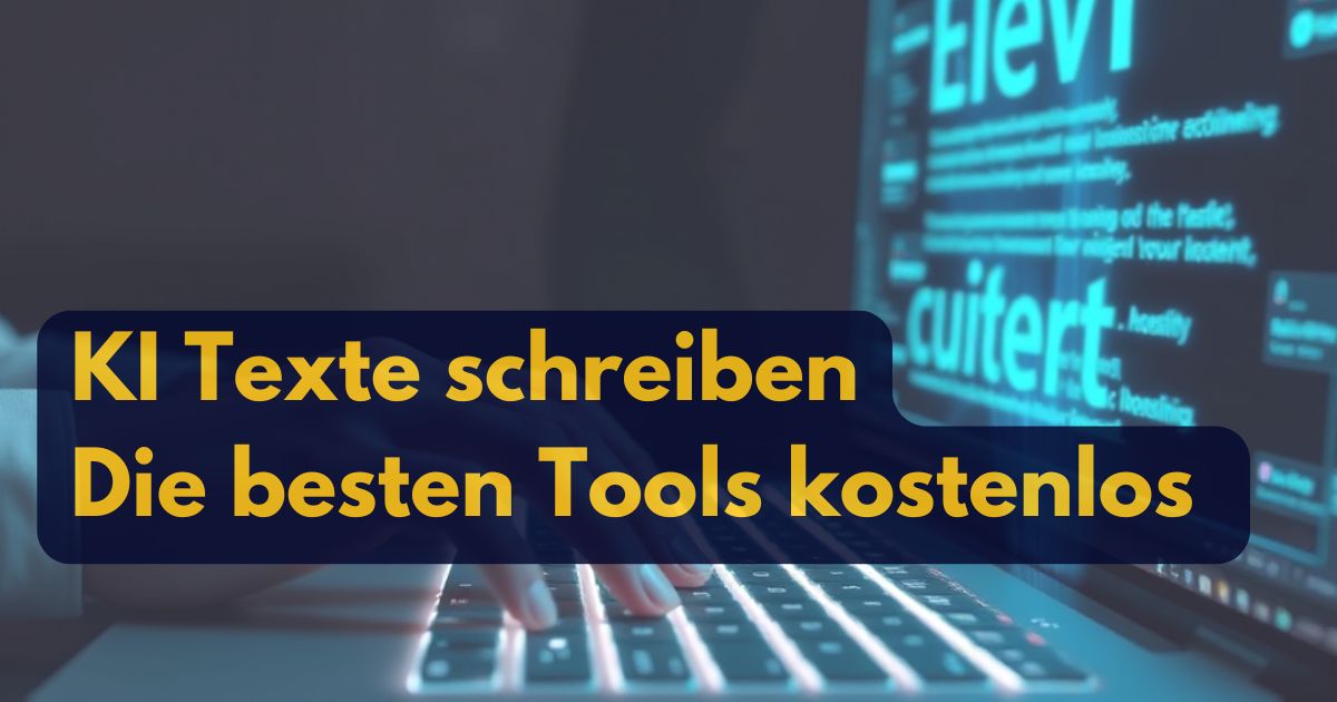 Eine Hand tippt auf einer Laptop-Tastatur mit einem Code auf dem Bildschirm. Der eingeblendete Text in Deutsch lautet: KI Texte schreiben 2026 - Die besten Tools kostenlos.
