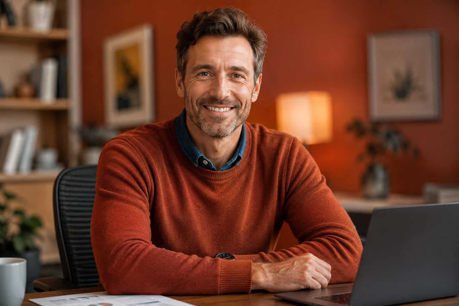 Fotorealistisches KI-Bild einer Person am Schreibtisch, Beispiel für kennzeichnungspflichtigen Inhalt