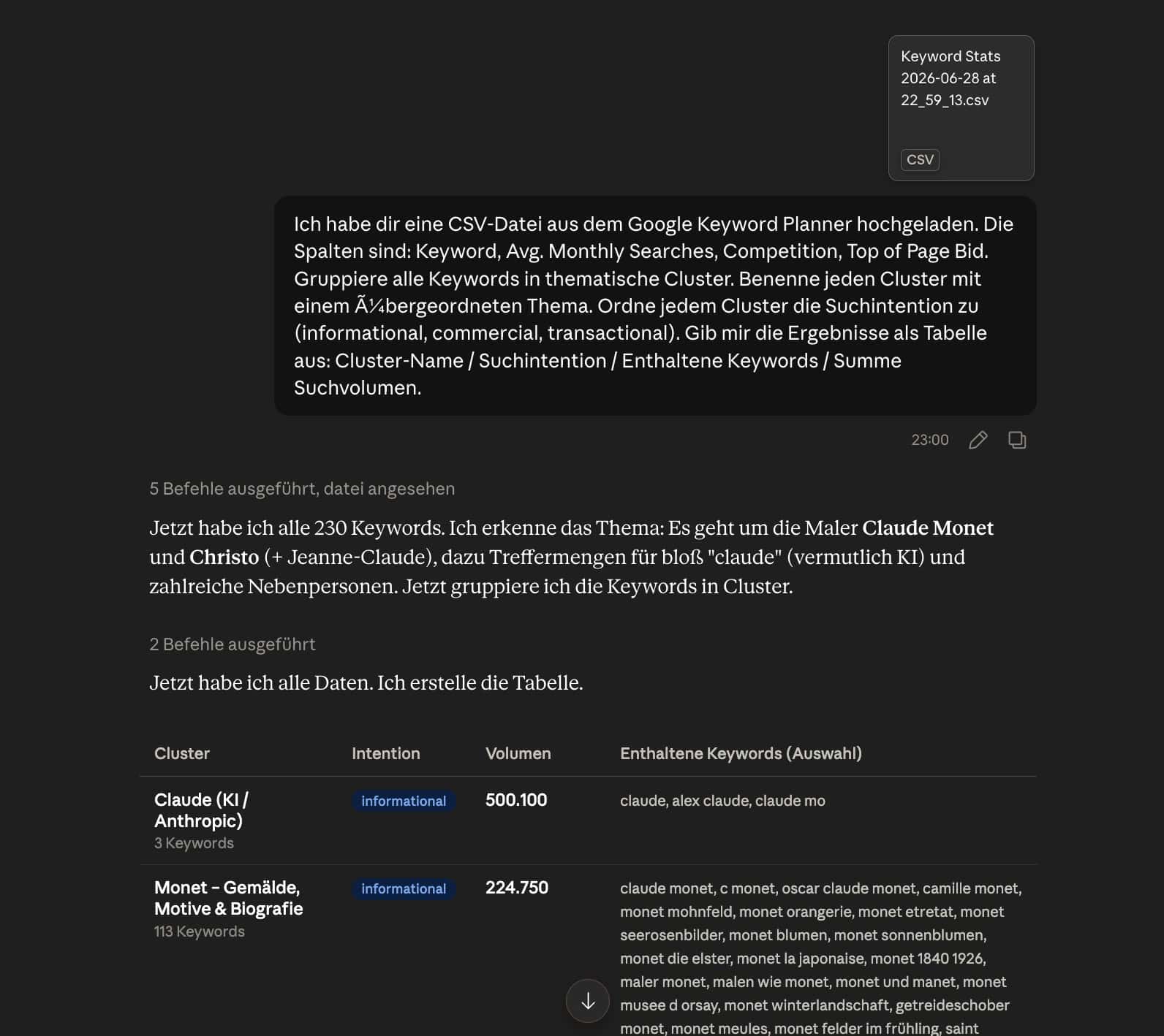 Claude mit hochgeladener GKP-CSV: Keyword-Cluster als Ergebnis
