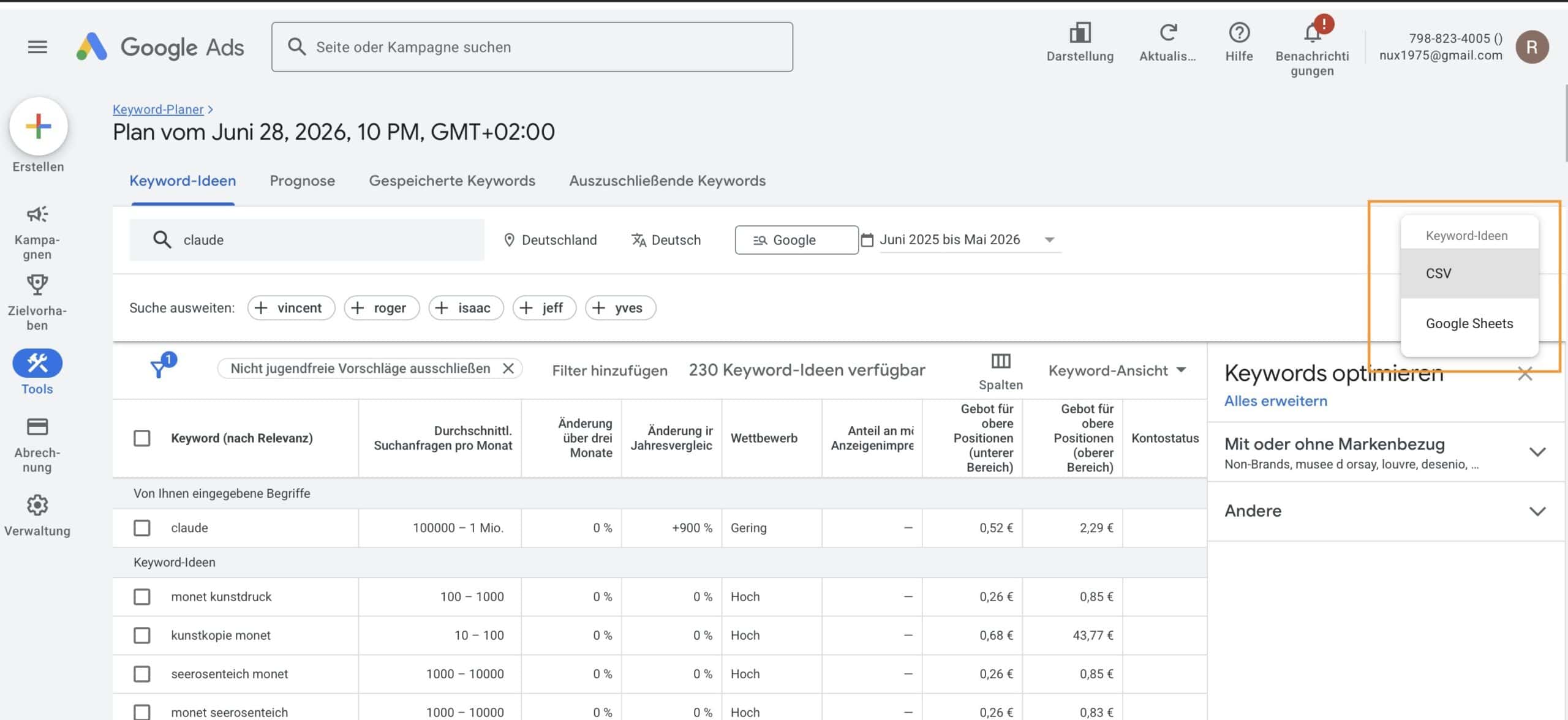 Google Keyword Planner CSV-Export-Button