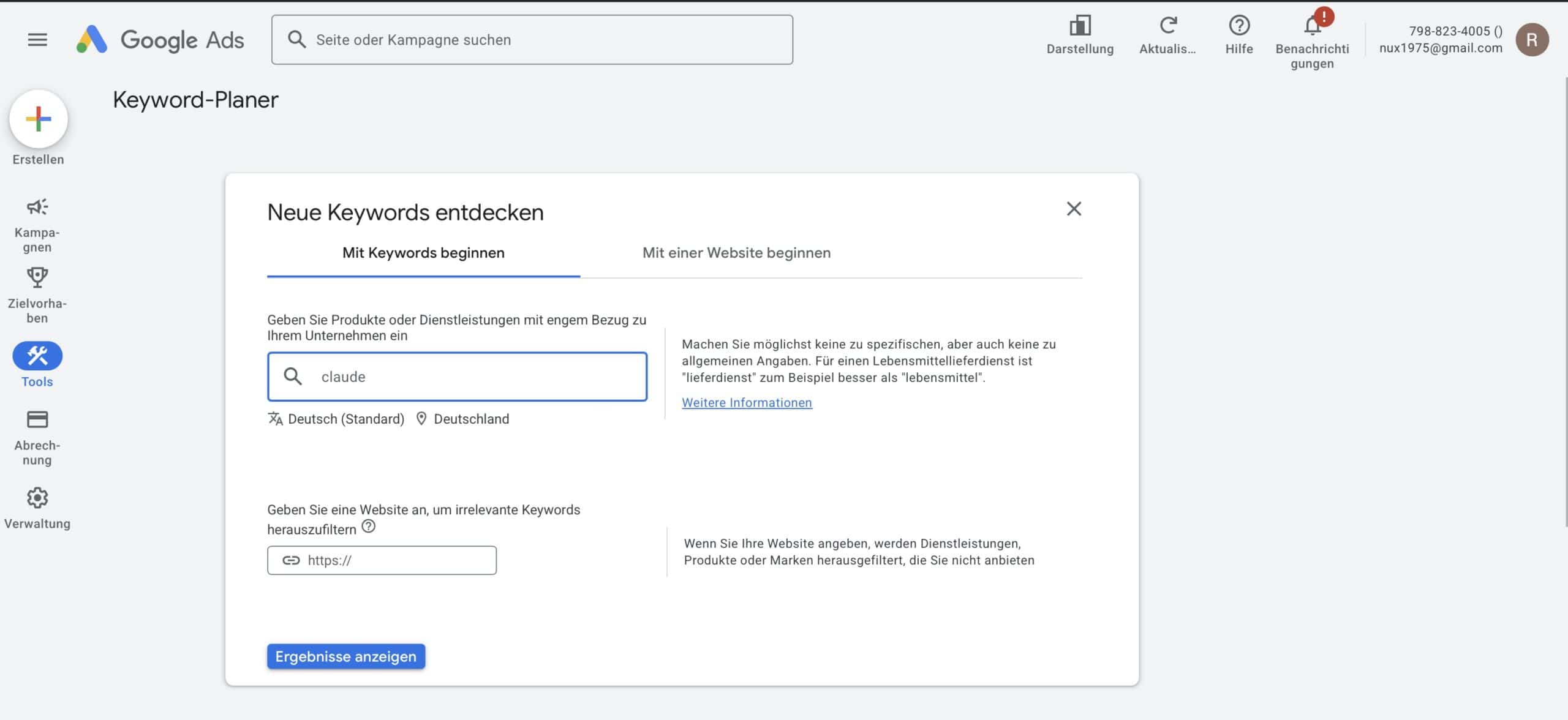 Google Keyword Planner Tab Neue Keywords entdecken
