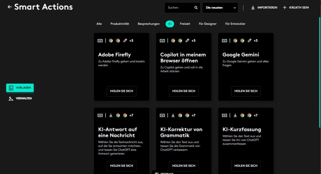 Eine Auswahl der Smart Actions für KI
