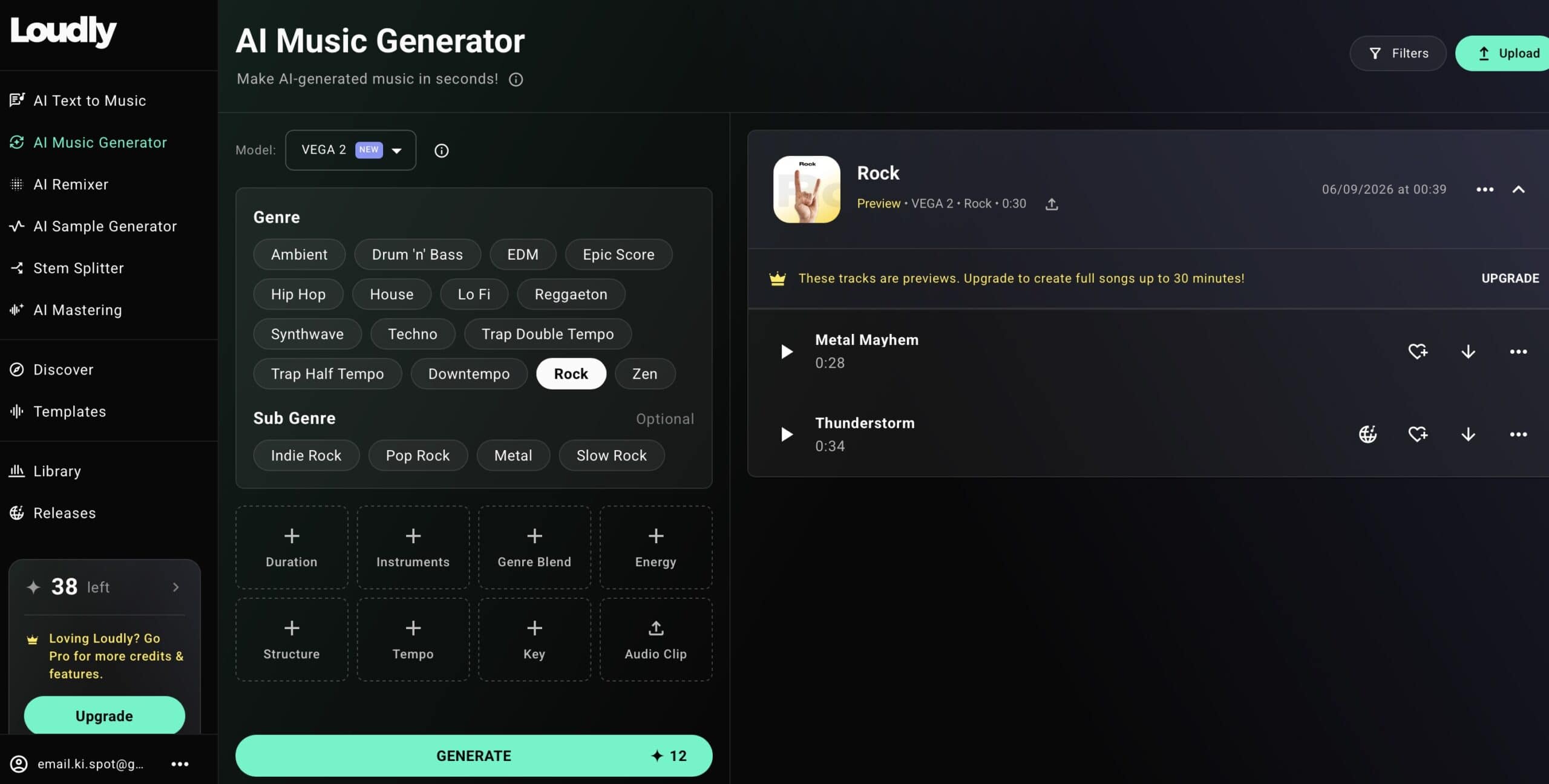 Loudly Interface mit Genre- und Stimmungsauswahl