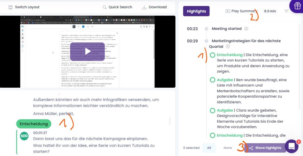 MeetGeek Dashboard mit einem fertig transkribierten Meeting. Die Aufgaben und notwendige Entscheidungen werden hervorgehoben.