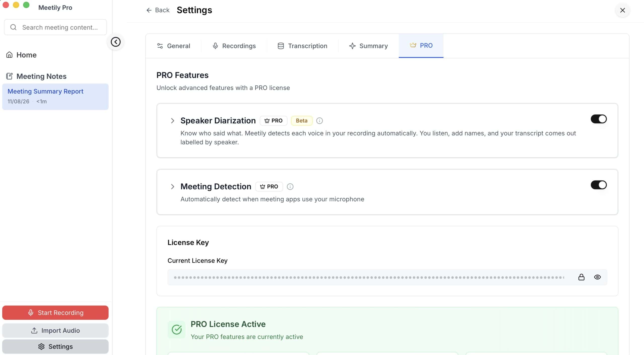 Meetily PRO-Einstellungen mit dem Speaker-Diarization-Toggle, markiert als Beta