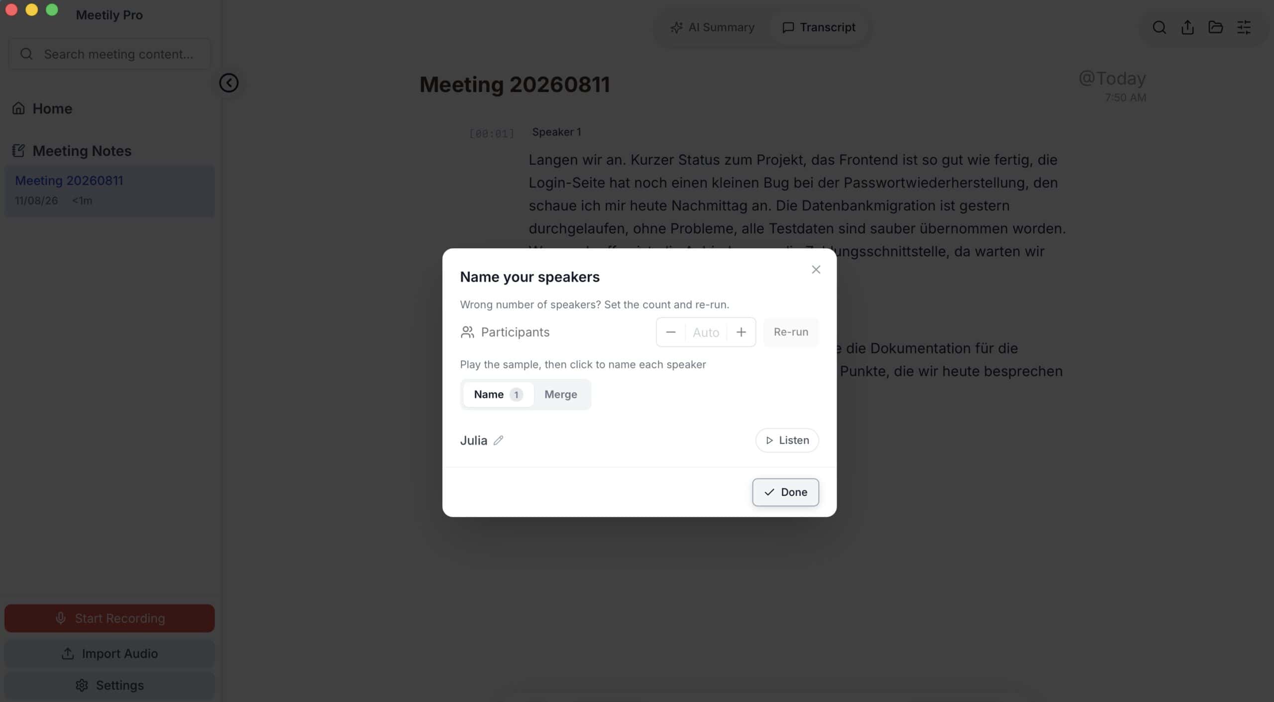 Meetily Dialog Name your speakers zum manuellen Zuordnen der erkannten Stimmen