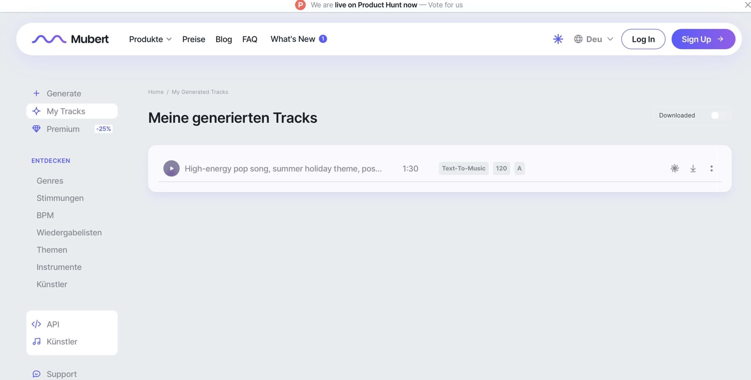 Mubert Genre-Auswahl mit über 80 Musikstilen
