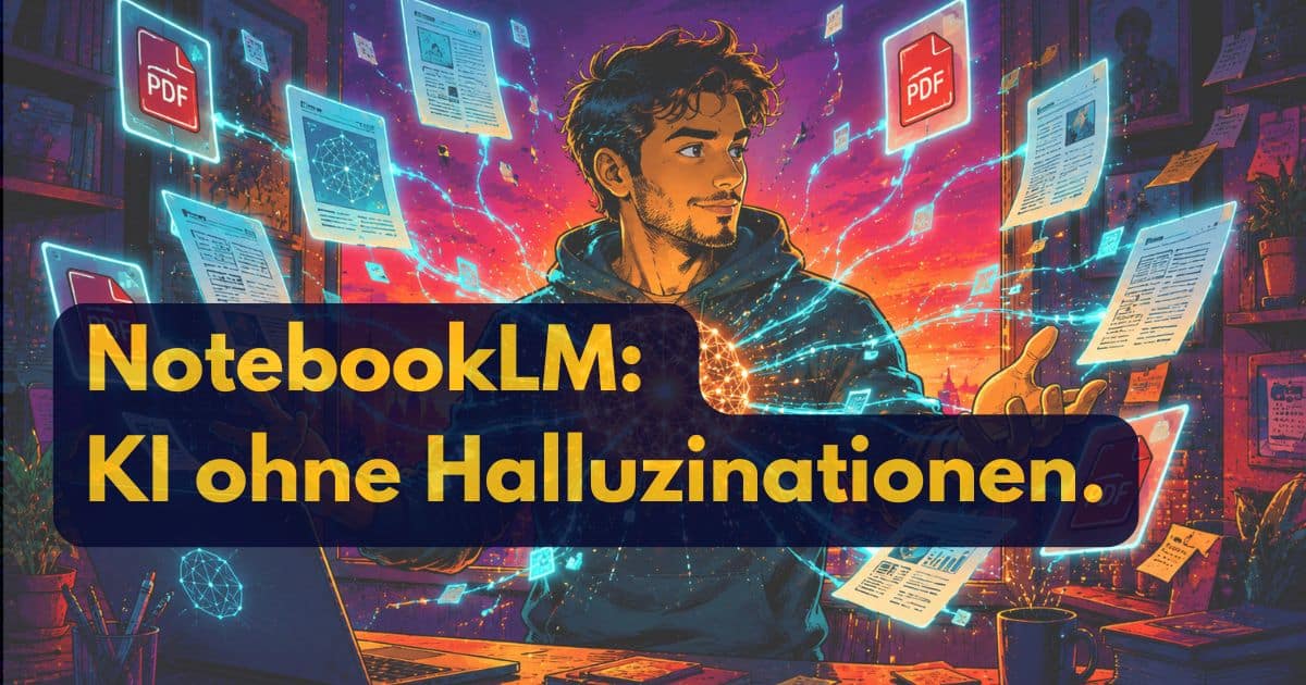 Eine Person sitzt an einem Schreibtisch mit schwebenden digitalen Dokumenten und PDFs um sie herum. Der Text auf dem Bild lautet: NotebookLM: KI ohne Halluzinationen. Die farbenfrohe, futuristische Szene unterstreicht die fortschrittliche KI-Technologie von notebooklm.