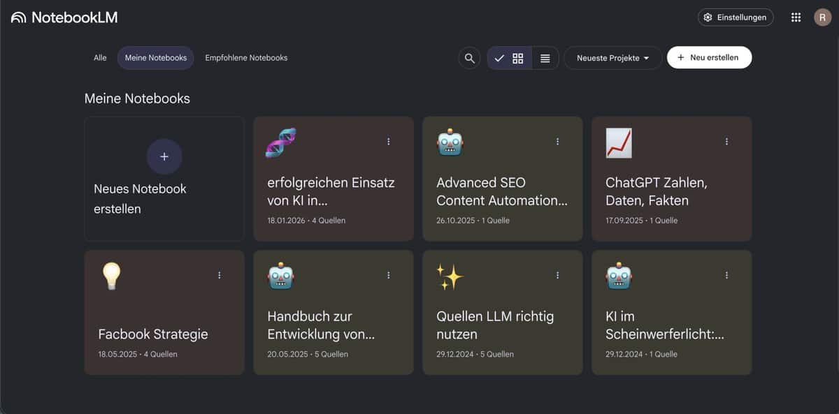NotebookLM Startseite: Notebooks-Übersicht mit mehreren Projekten