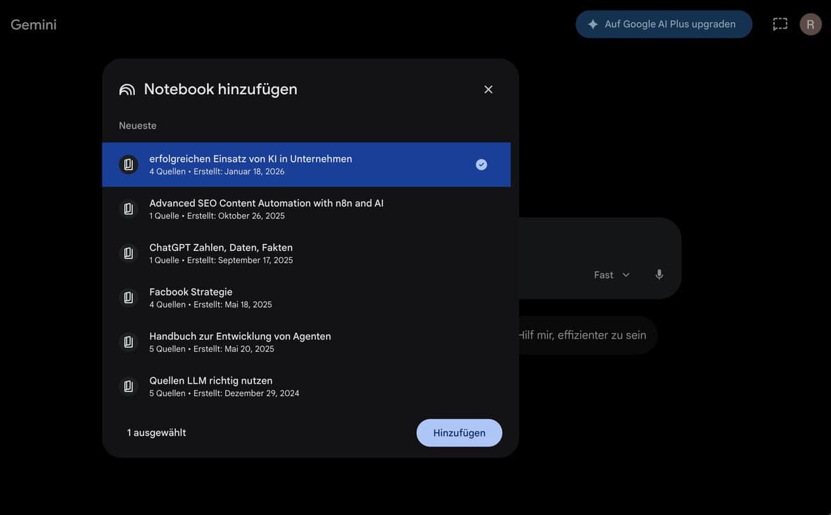 NotebookLM in Google Gemini auswählen