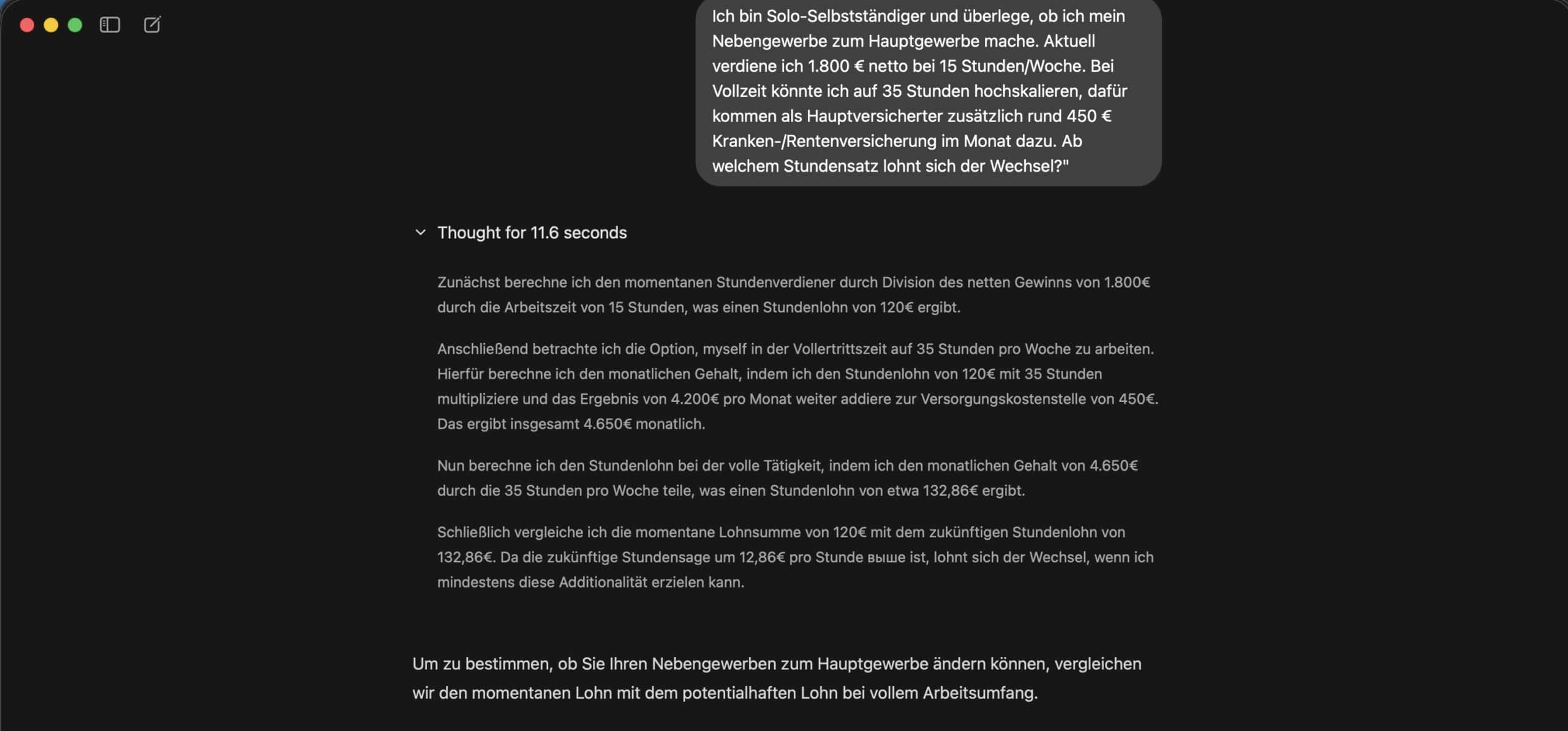 Ollama Desktop-App mit DeepSeek R1: eingeklappter Denkprozess 'Thought for 11.6 seconds' über der fertigen Antwort