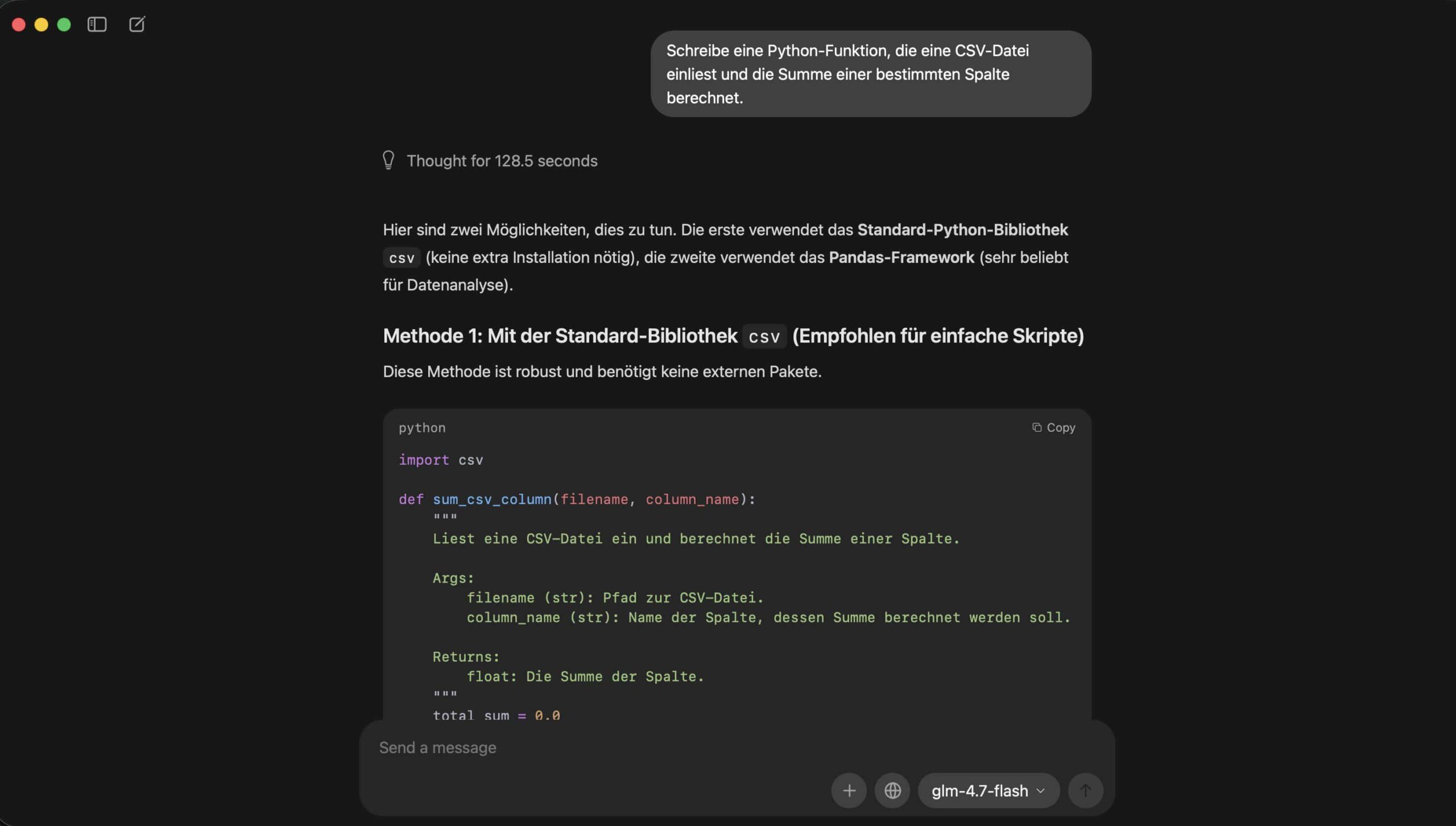 GLM-4.7-Flash beantwortet eine deutsche Coding-Frage mit einer funktionierenden Python-Funktion zum Einlesen einer CSV-Datei