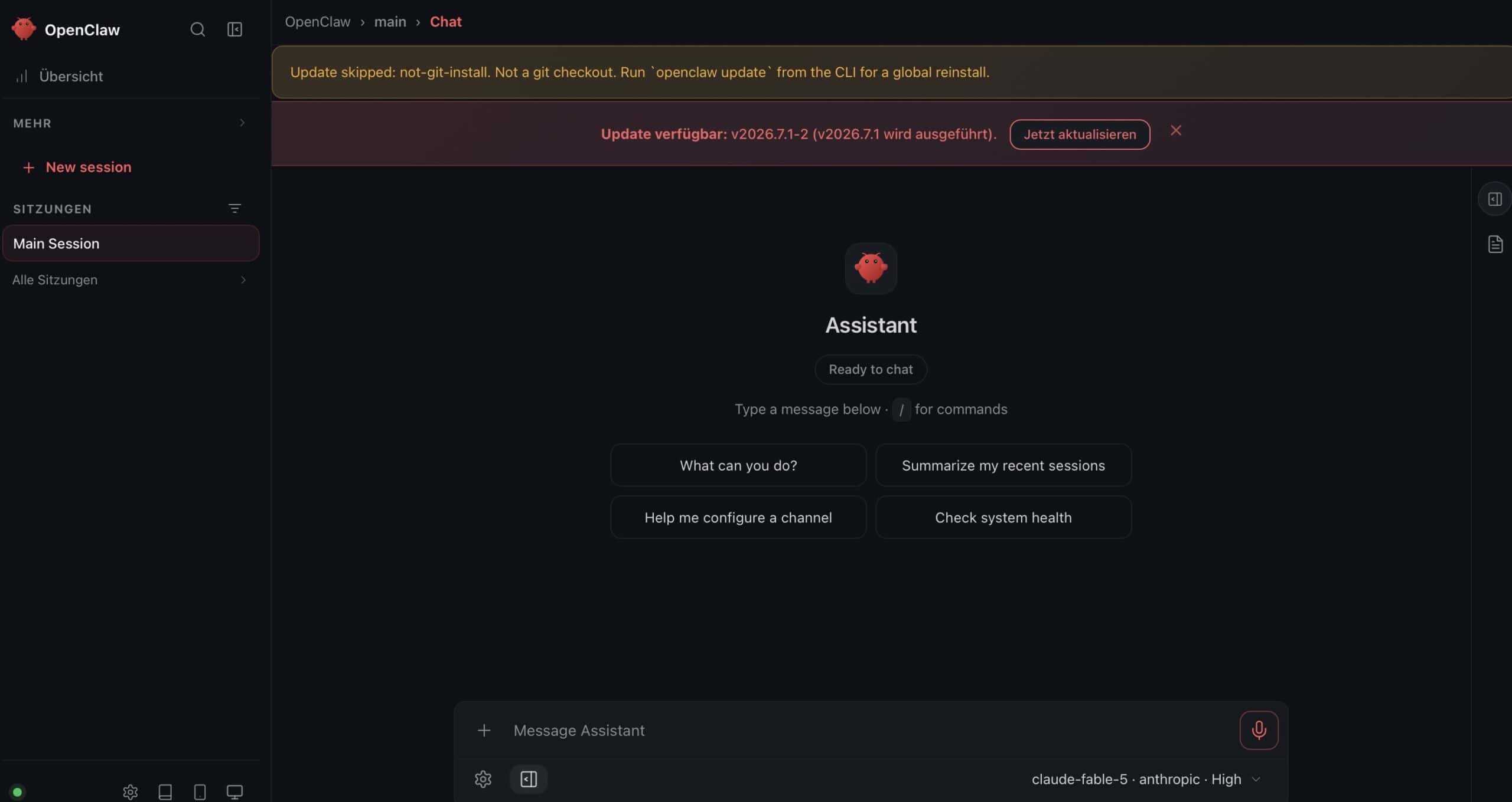 OpenClaw Control UI im Browser nach erfolgreichem Onboarding, mit leerer Chat-Ansicht und Vorschlägen wie „What can you do?” und „Check system health”.
