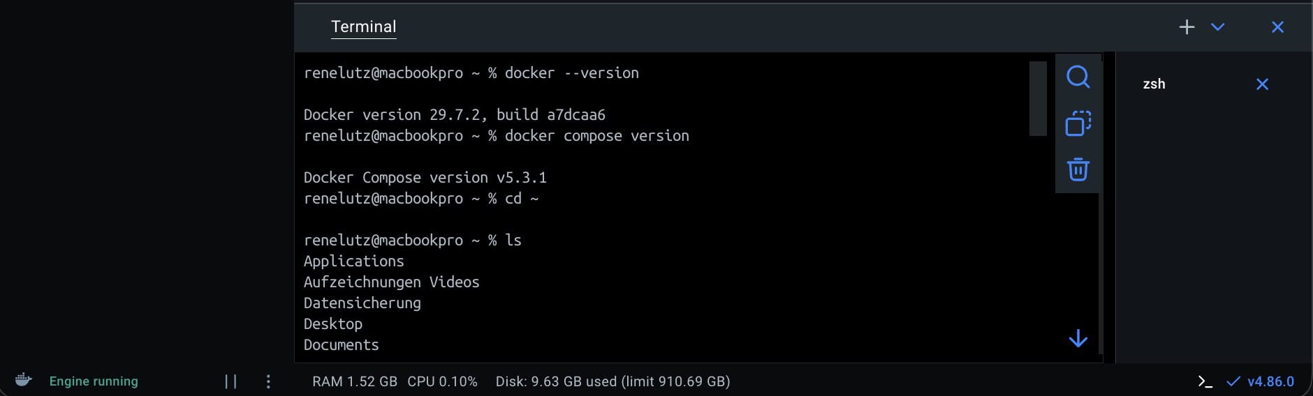 Terminal zeigt die Ausgabe von docker --version (Docker 29.7.2) und docker compose version (v5.3.1) nach erfolgreicher Docker-Installation.
