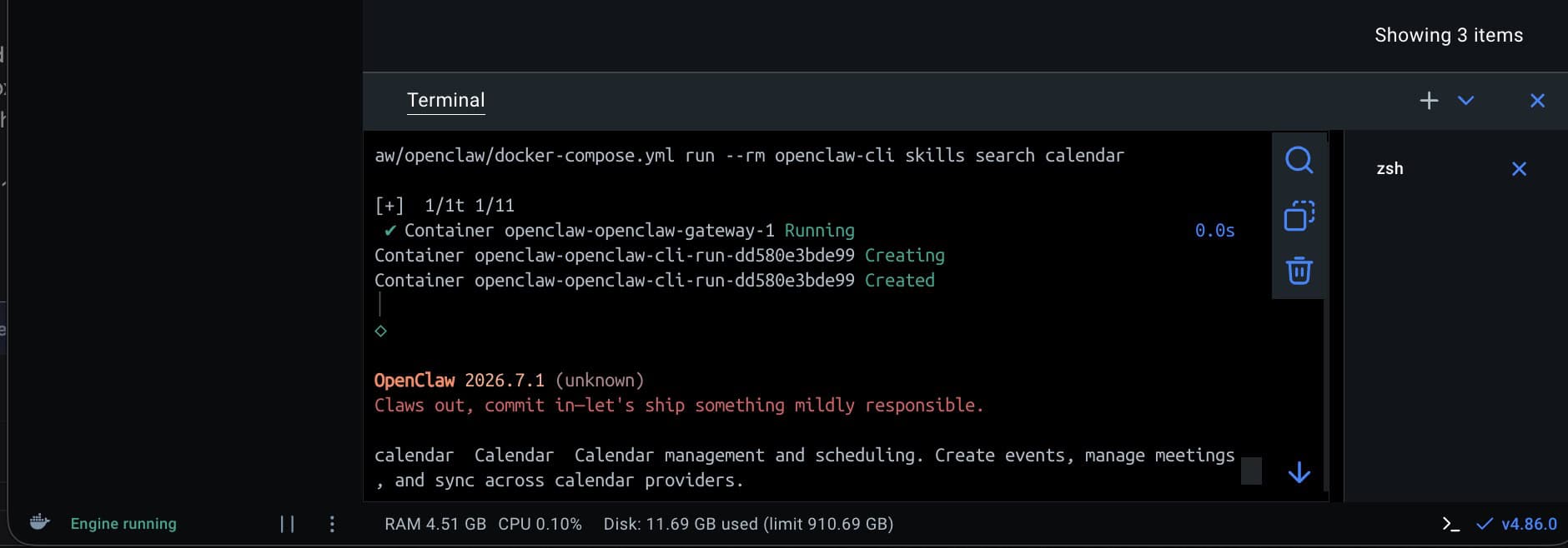 Terminal zeigt das Ergebnis von openclaw-cli skills search calendar mit dem gefundenen Skill „Calendar” zur Terminverwaltung.