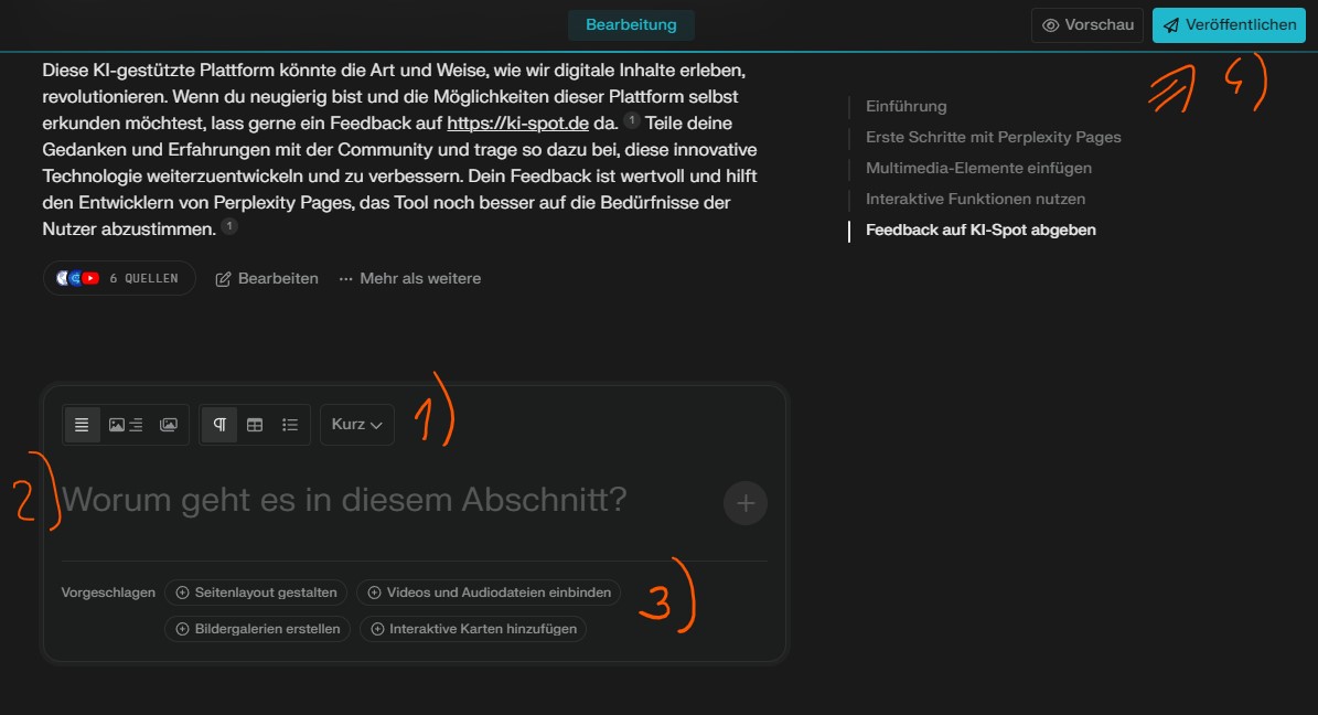 Perplexity Page veröffentlichen oder neuen Absatz erstellen