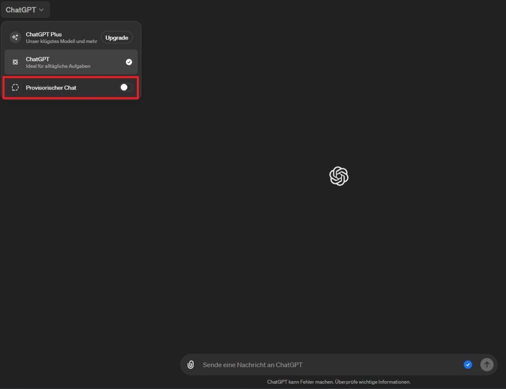 Die Funktion provisorischer Chat in der kostenlosen Version von ChatGPT verhindert das Training von ChatGPT mit diesem einzelnen Chat.