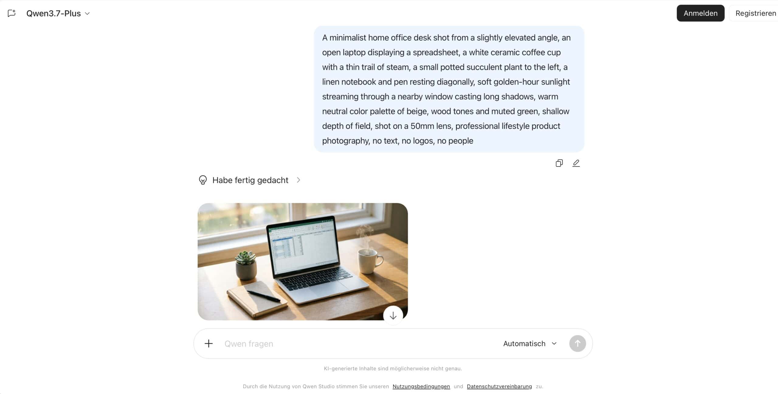 KI-Bild eines Homeoffice-Schreibtisches, erstellt mit Qwen Image