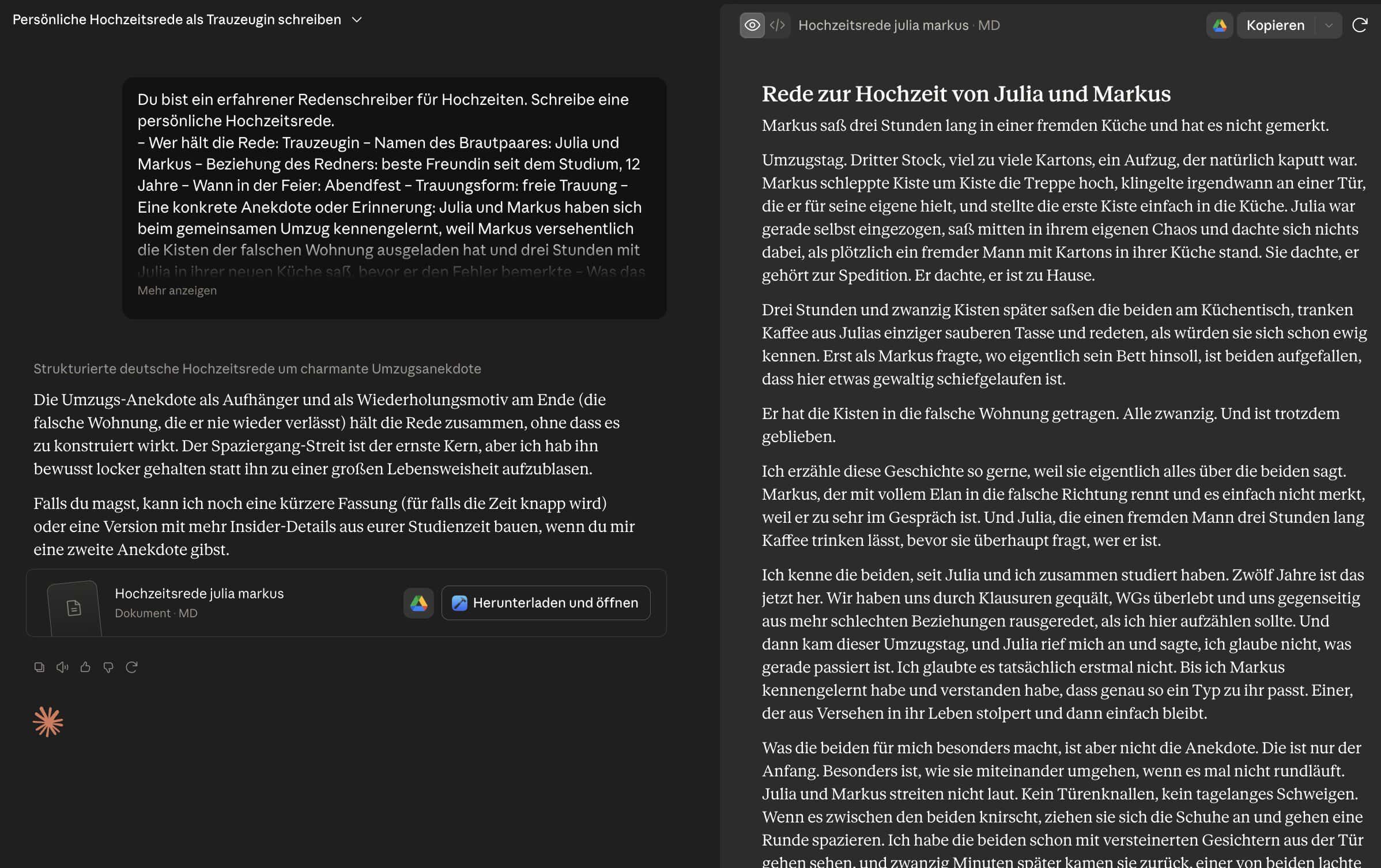 Hochzeitsrede mit KI schreiben: ChatGPT mit ausgefülltem Prompt