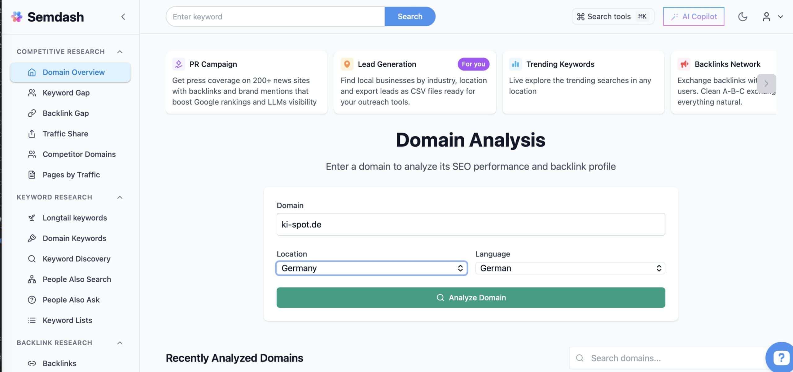 SemDash Dashboard mit Domain-Analyse nach einer Keyword-Recherche
