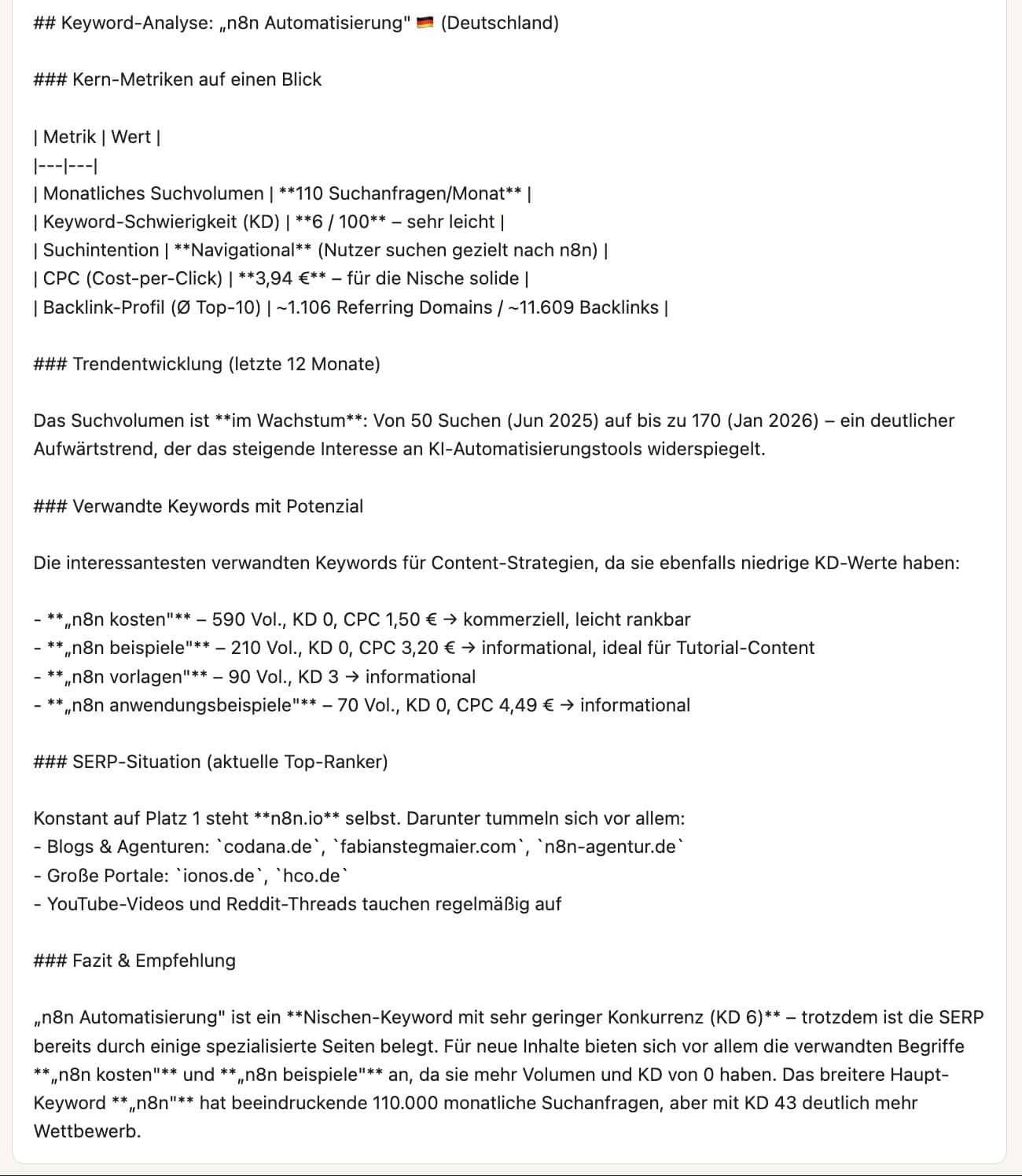 Claude ruft die SemDash-Keyword-Funktion über MCP auf und liefert das Ergebnis für n8n Automatisierung