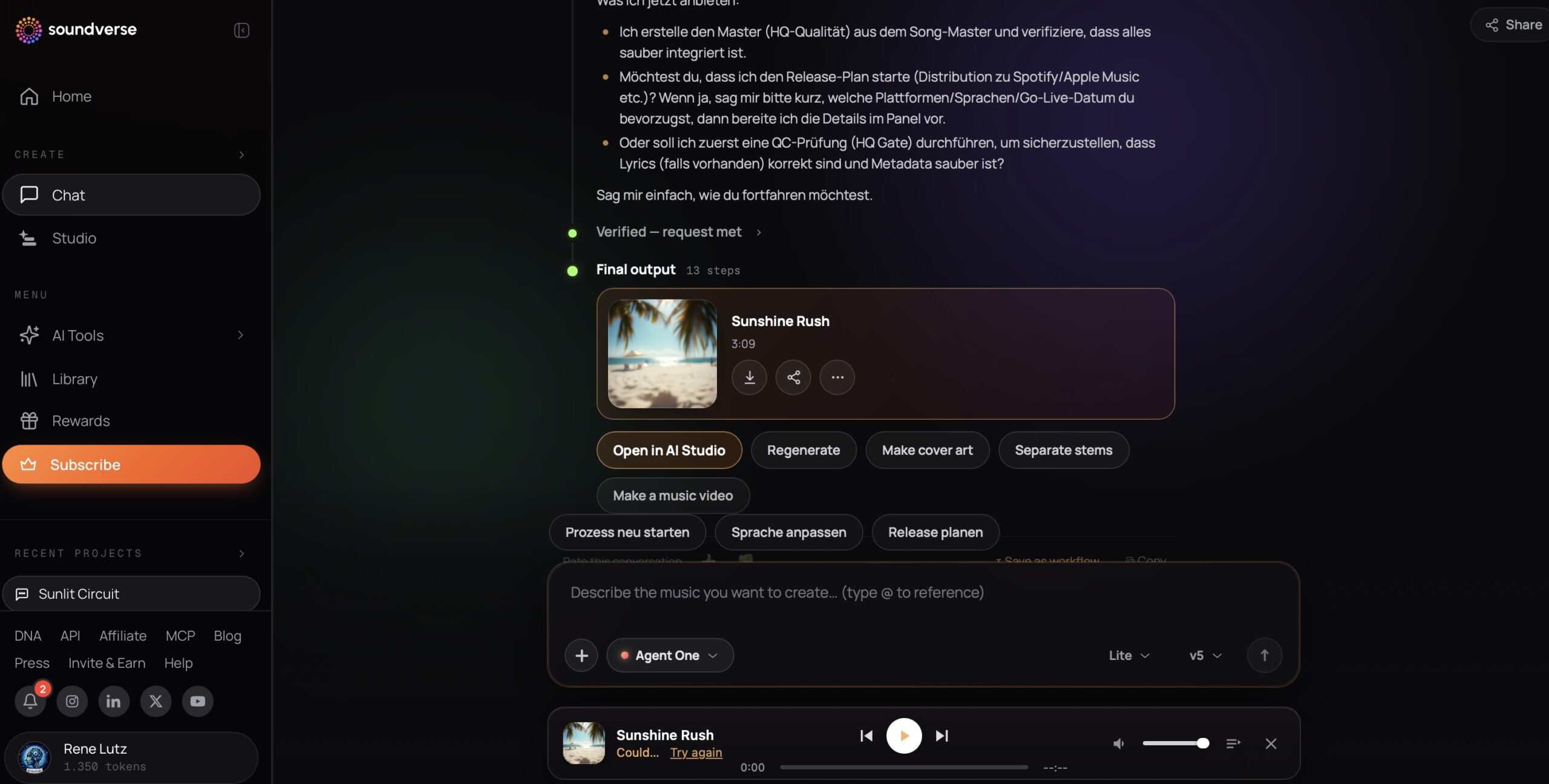 Soundverse Oberfläche mit Songgenerierung, Stem-Trennung und MCP-Integration