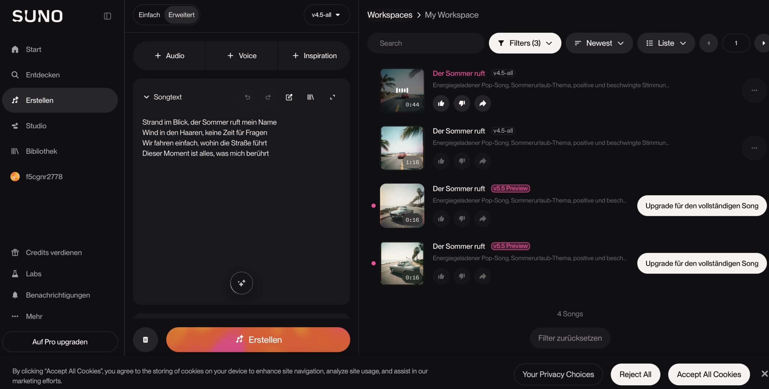 Suno-Interface mit Prompt-Eingabe und generiertem Song inklusive Lyrics