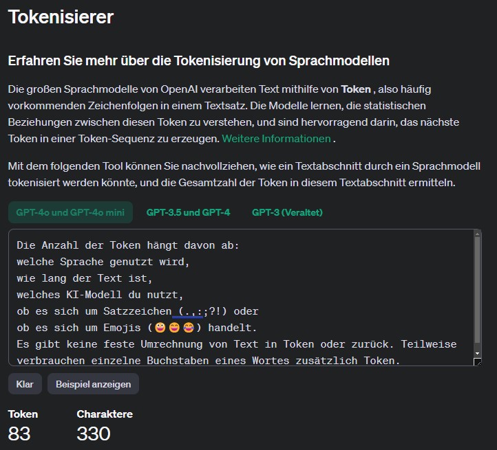 Der Tokenizer von OpenAI rechnet Text in Token um