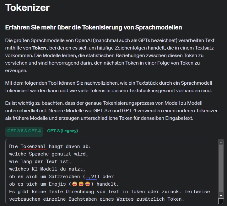 Der Tokenizer von OpenAI für die Umrechnung in Token
